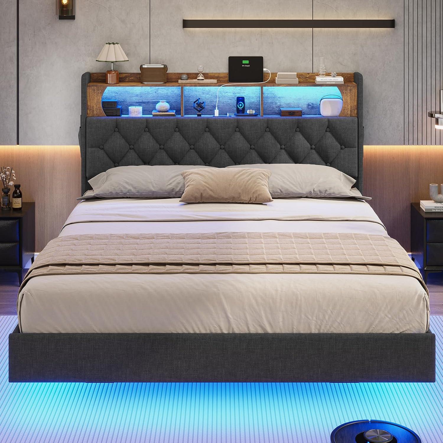 Weiplehoom Full Floating Bed Frame with Storage Headboard and LED Lights, Linen Upholstered Platform Bed with Charging Station, Dark Gray