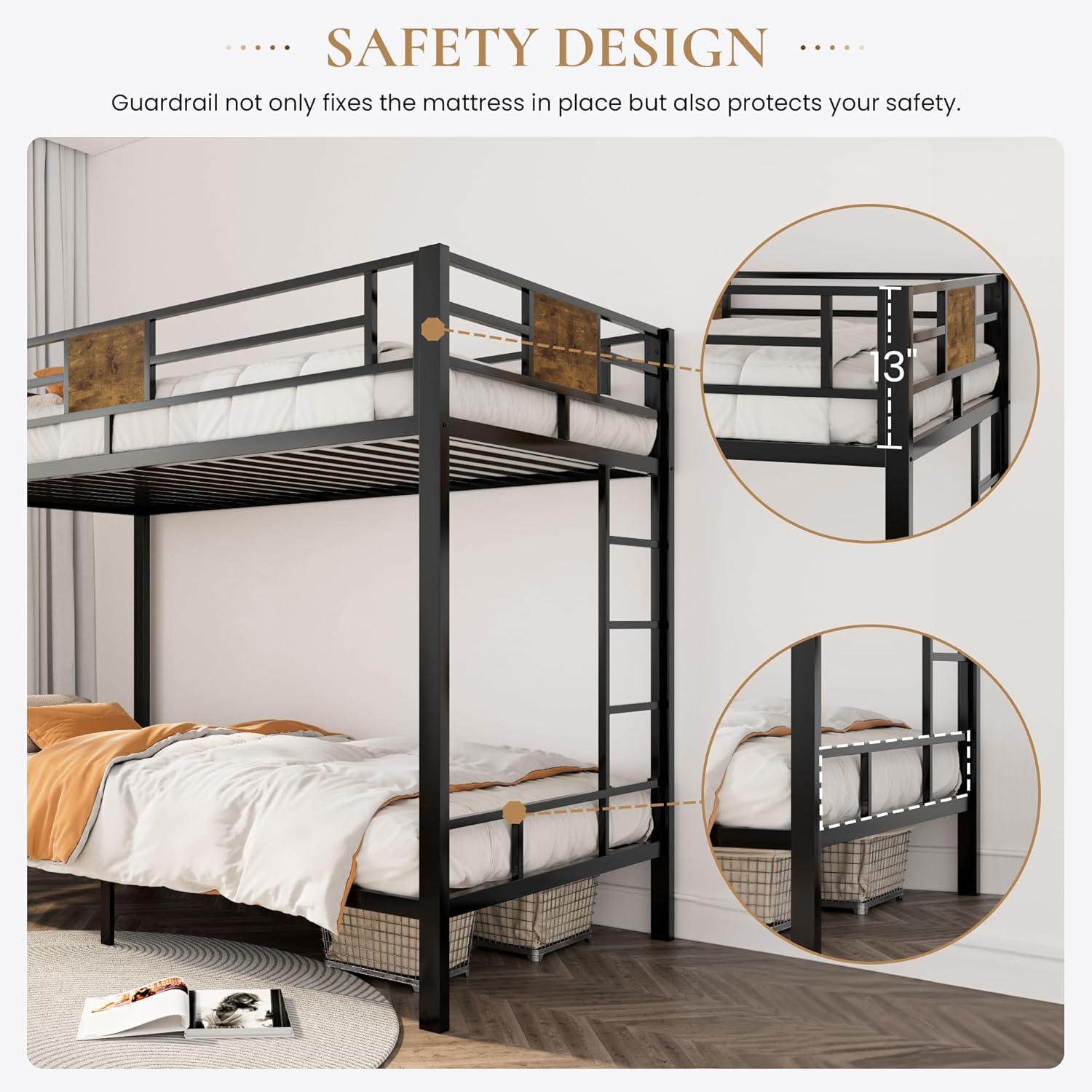 Twin Over Twin Black Metal Bunk Bed with Ladder and Guardrail