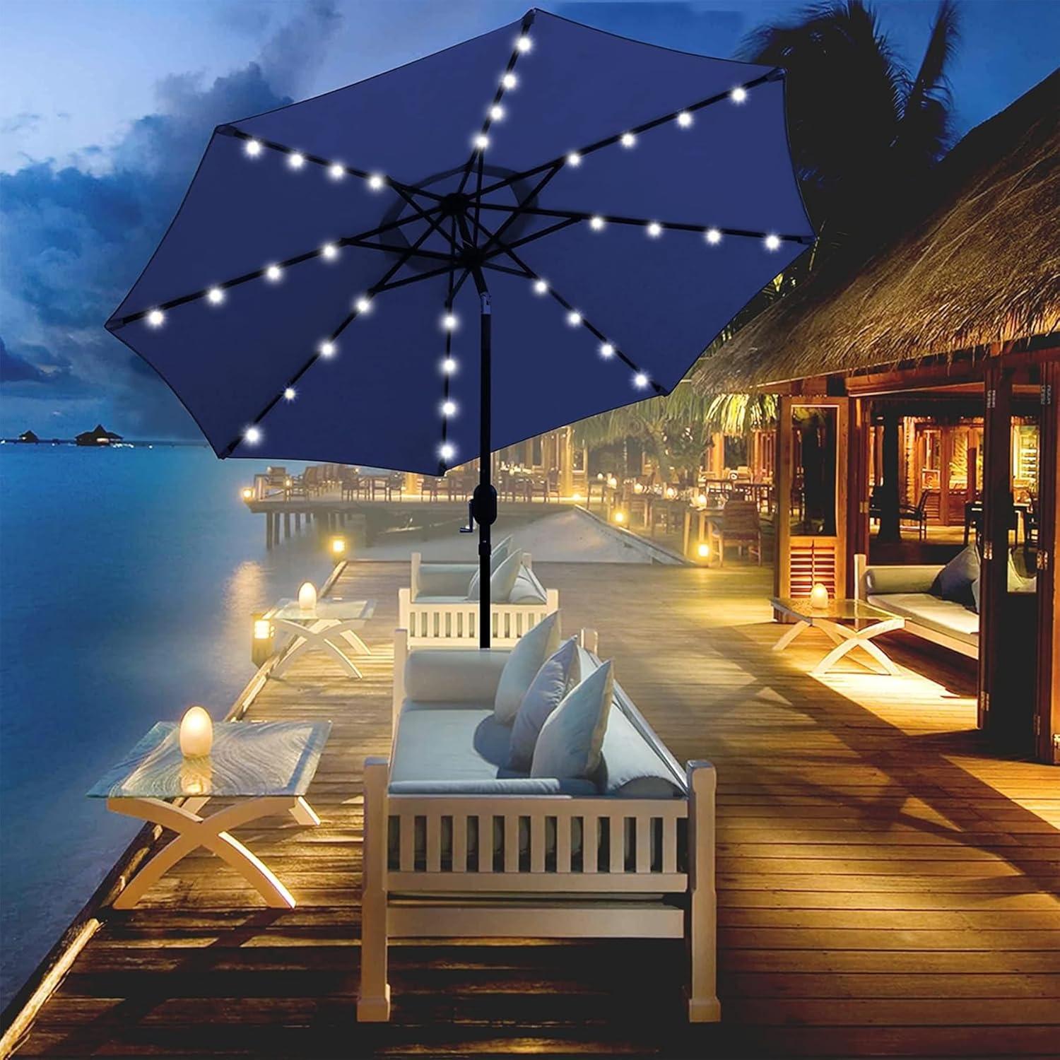 Navy Blue 9 ft Solar LED Lighted Patio Umbrella with Tilt and Crank