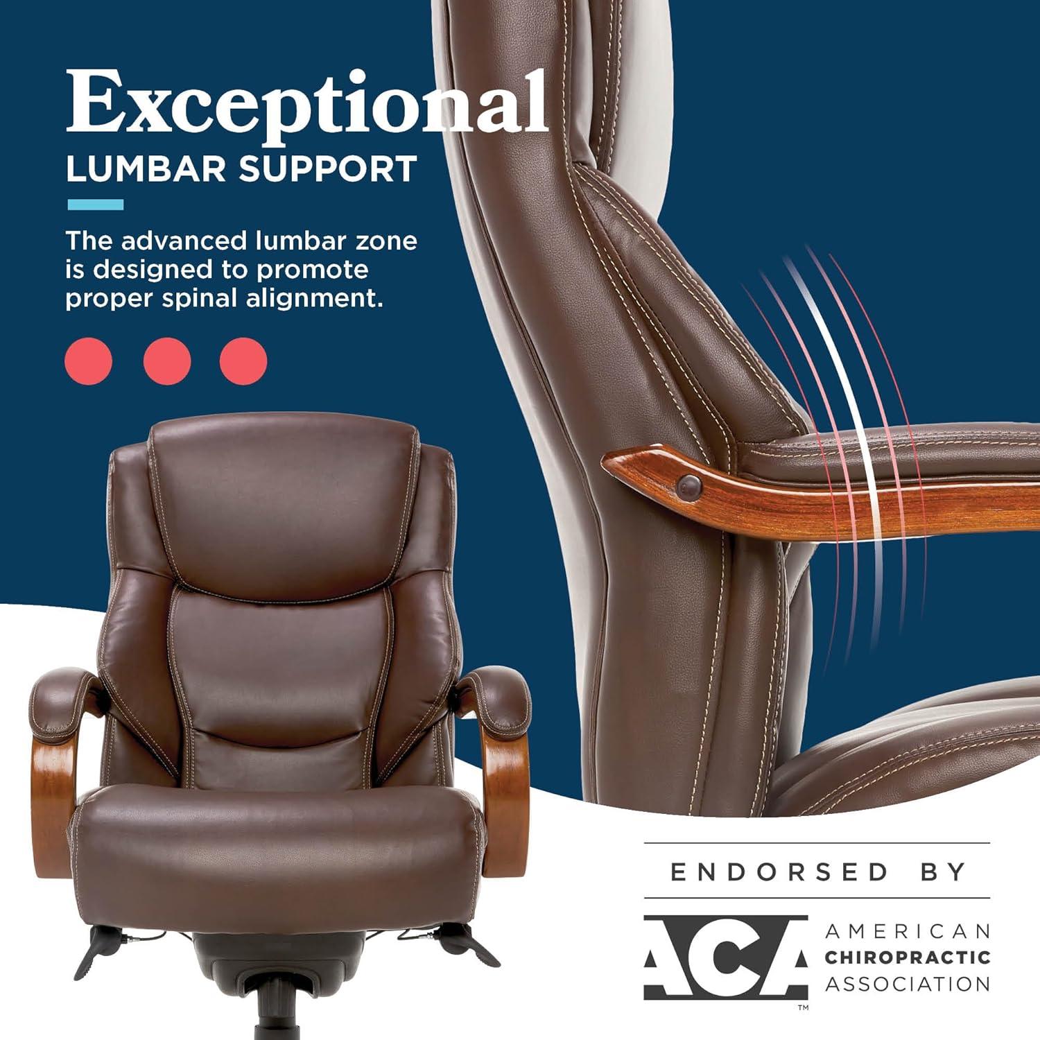 La-Z-Boy La-Z-Boy Delano Big & Tall Executive Office Chair, Ergonomic Mid-Back with Body Pillow Lumbar Support, ComfortCore® with Memory Foam Cushion, Mahogany Wood Arms and Swivel Base, Bonded Leather