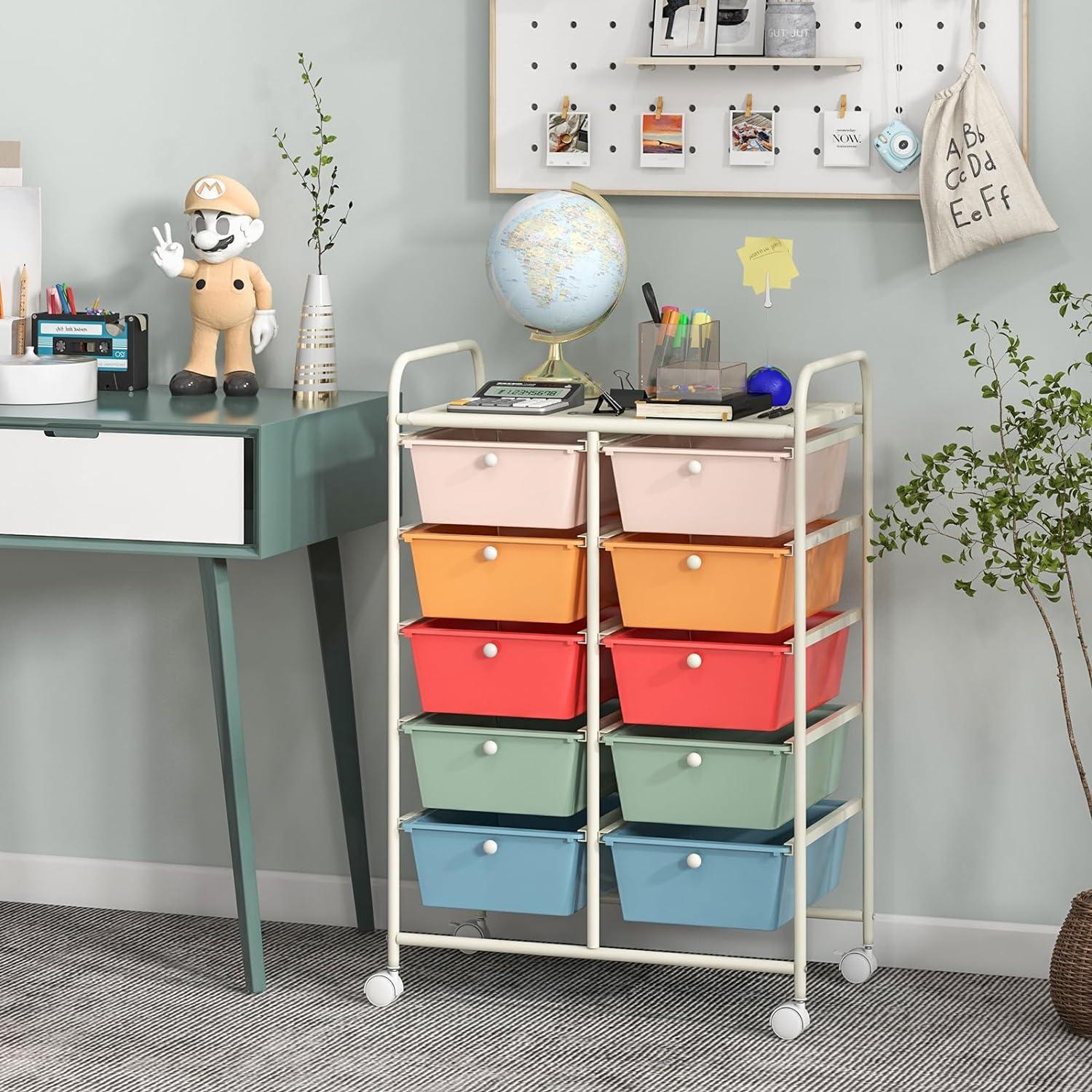 Tangkula 10-Drawer Rolling Storage Cart Tools Scrapbook Paper Organizer on Wheels Macaron