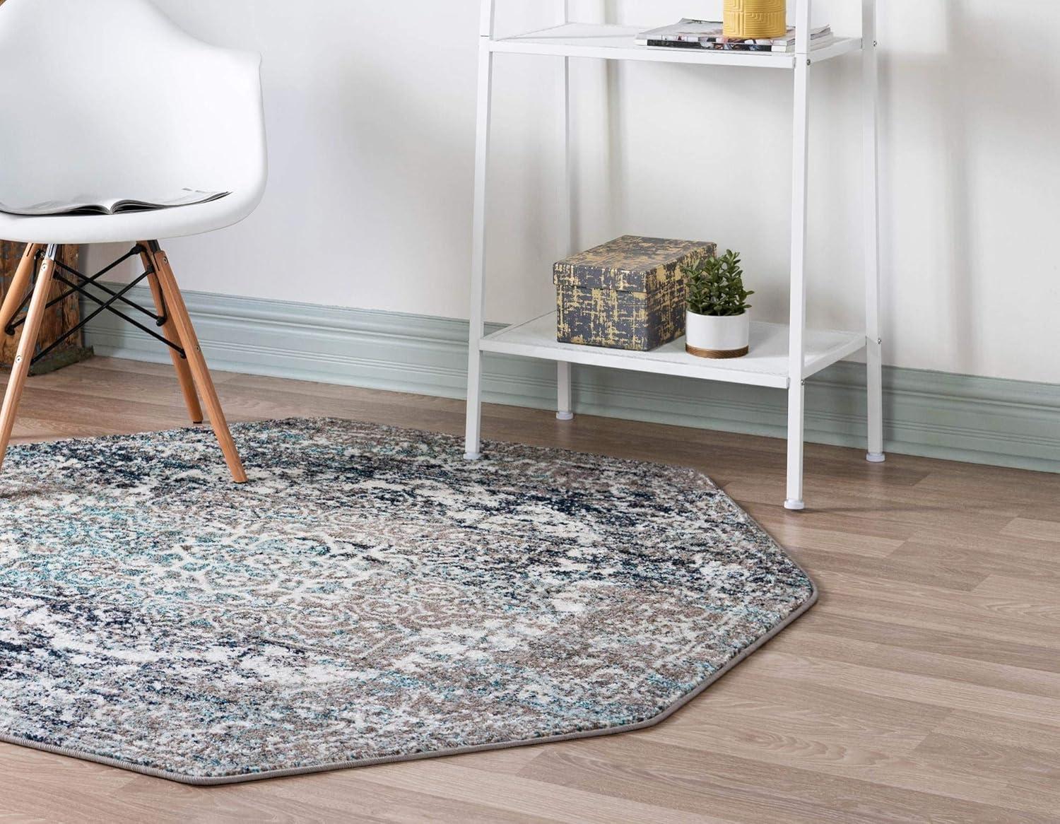 Gray Synthetic Octagon Medallion Easy Care Rug