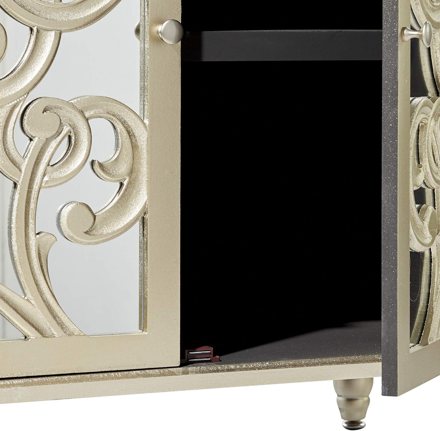 DecMode 31" x 30" Champagne Wood Intricately Carved 1 Shelf and 2 Doors Scroll Cabinet with Mirrored Front, 1-Piece