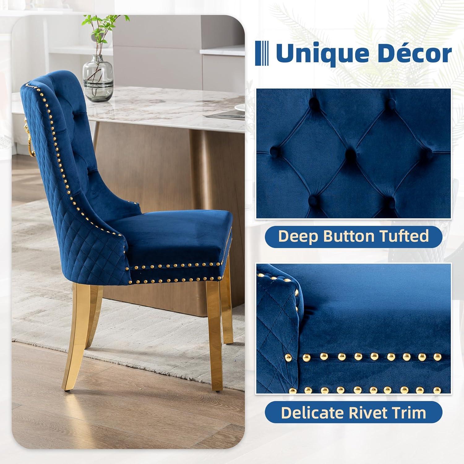 Velvet Upholstered Dining Chairs, Set of 2, Dining Room Tufted Chair, Modern Button Tufted Armless Chairs with Nailhead Trim and Back Ring Pull, Gold Legs, for Dining Room, Kitchen, Navy