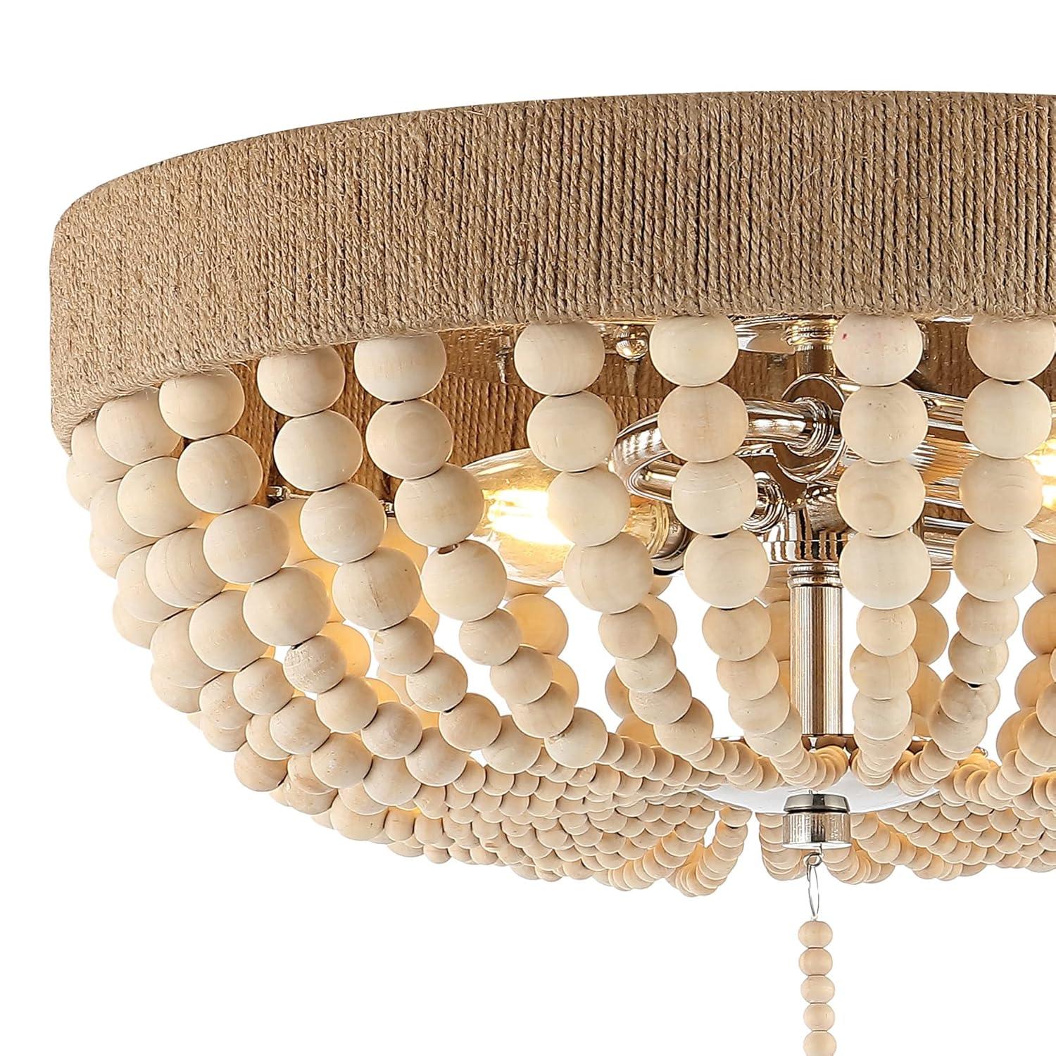 JONATHAN Y Justina Wood Bead 14" 2-Light Farmhouse Bohemian Iron LED Flush Mount, Light Taupe/Chrome, JYL1307A