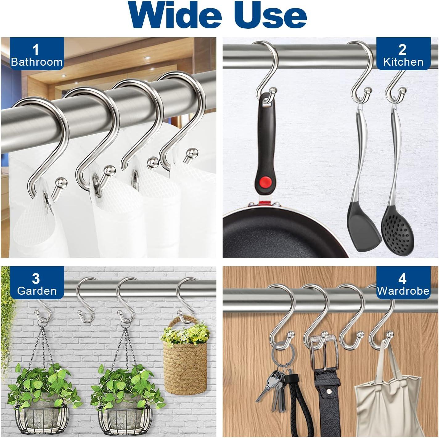 Shower Curtain Hooks Rings, Stainless Steel S Shaped Shower Hooks Rust Proof, Shower Curtain Hangers for Shower Curtain, Kitchen, Wardrobe & Garden,