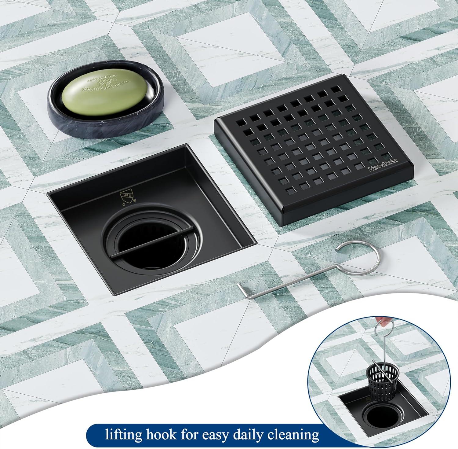 Neodrain 6-Inch Square Shower Drain with Removable Quadrato Pattern Grate,Brushed 304 Stainless Steel, with Watermark&CUPC Certified,Black