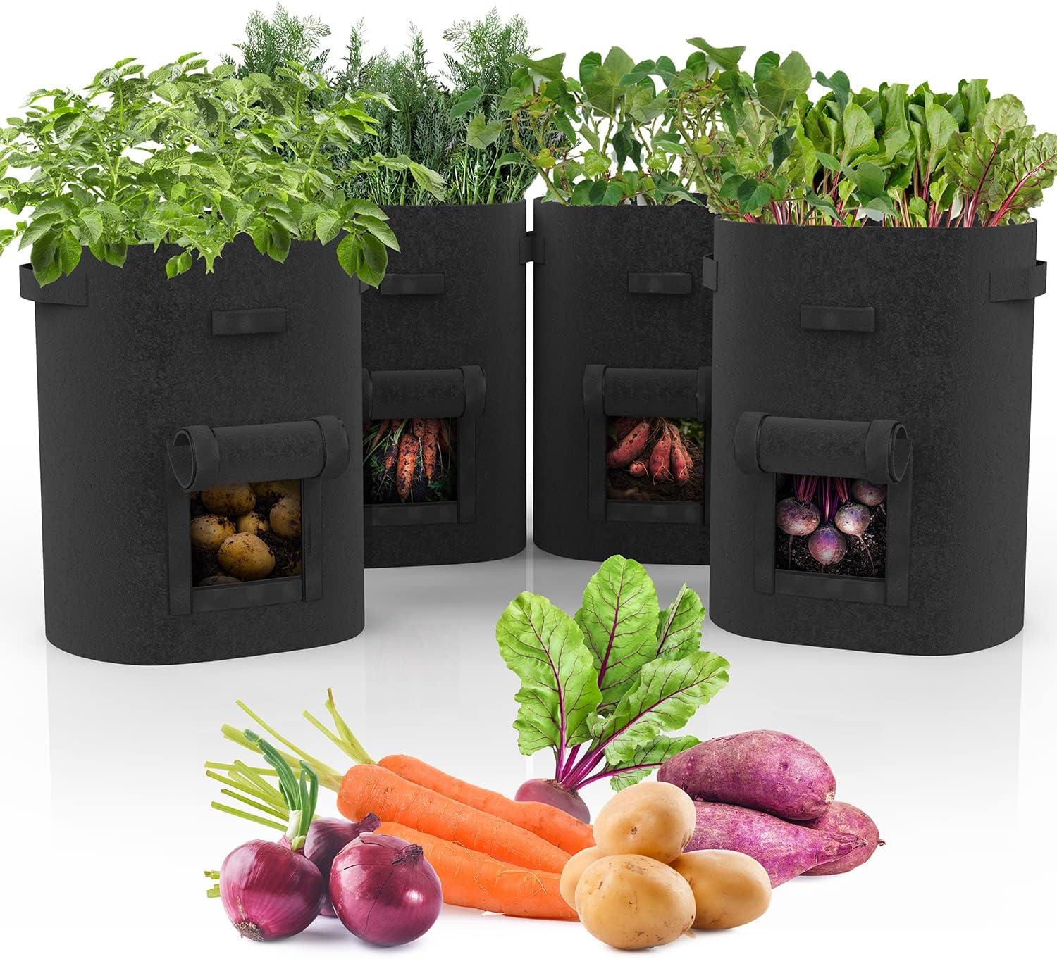 Garnen 4 Pack 7 Gallon Garden Potato Grow Bags, Fabric Grow Bags for Outdoor and Indoor,Indoor Planters with Harvest Window - Black
