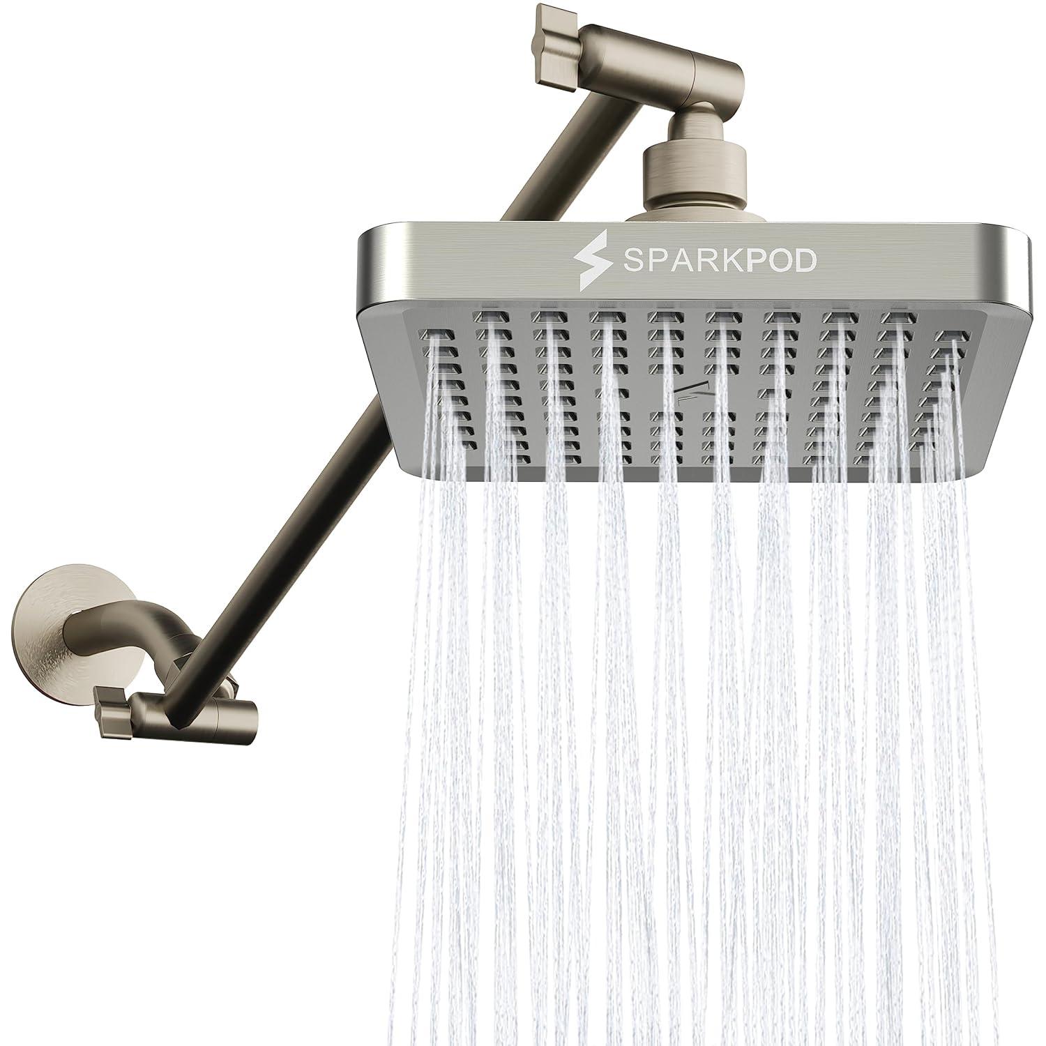 SparkPod Square Rain Shower Head with Shower Head Extension Arm - High Pressure Rain - Luxury Modern Look - No Hassle Tool-less 1-Min Installation (16" Shower Arm Extension, Elegant Brushed Nickel)