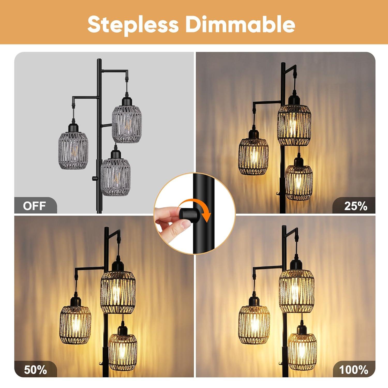 ROTTOGOON Dimmable Boho Floor Lamp - 3 Light Farmhouse Rattan Floor Lamp for Living Room, Industrial Tree Floor Lamps with 3 X 6W LED Bulbs, Rustic Standing Tall Lamp for Bedroom, 68", Black + Gray
