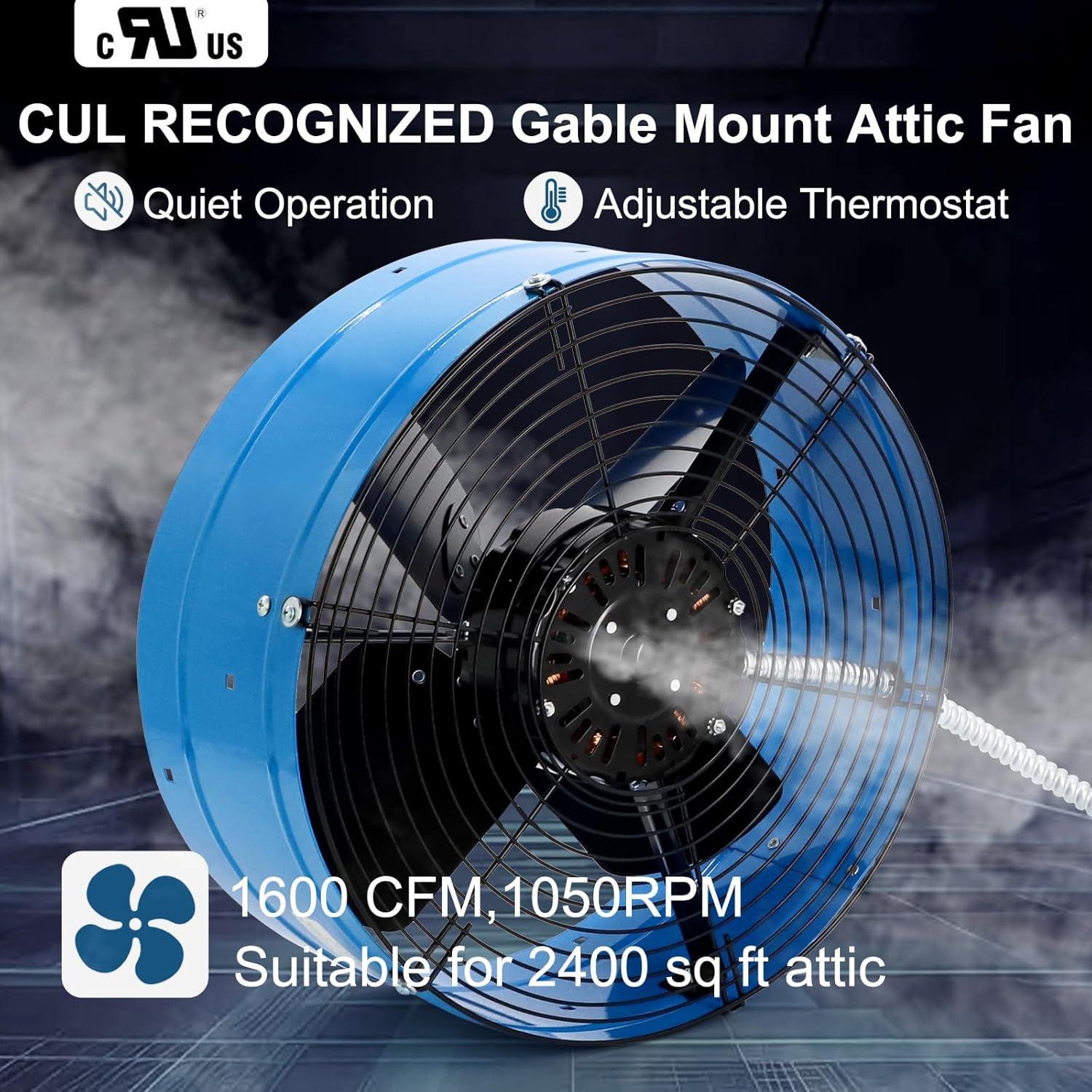 Criditpid 15" Gable Mount Vent Attic Fan, Exhaust Ventilation Fan with Adjustable Thermostat for Gable, Home, Shed, Garage, Portable Building, 3.4A, 1300CFM, 1075RPM, 1850 Sq.Ft Coverage Area.