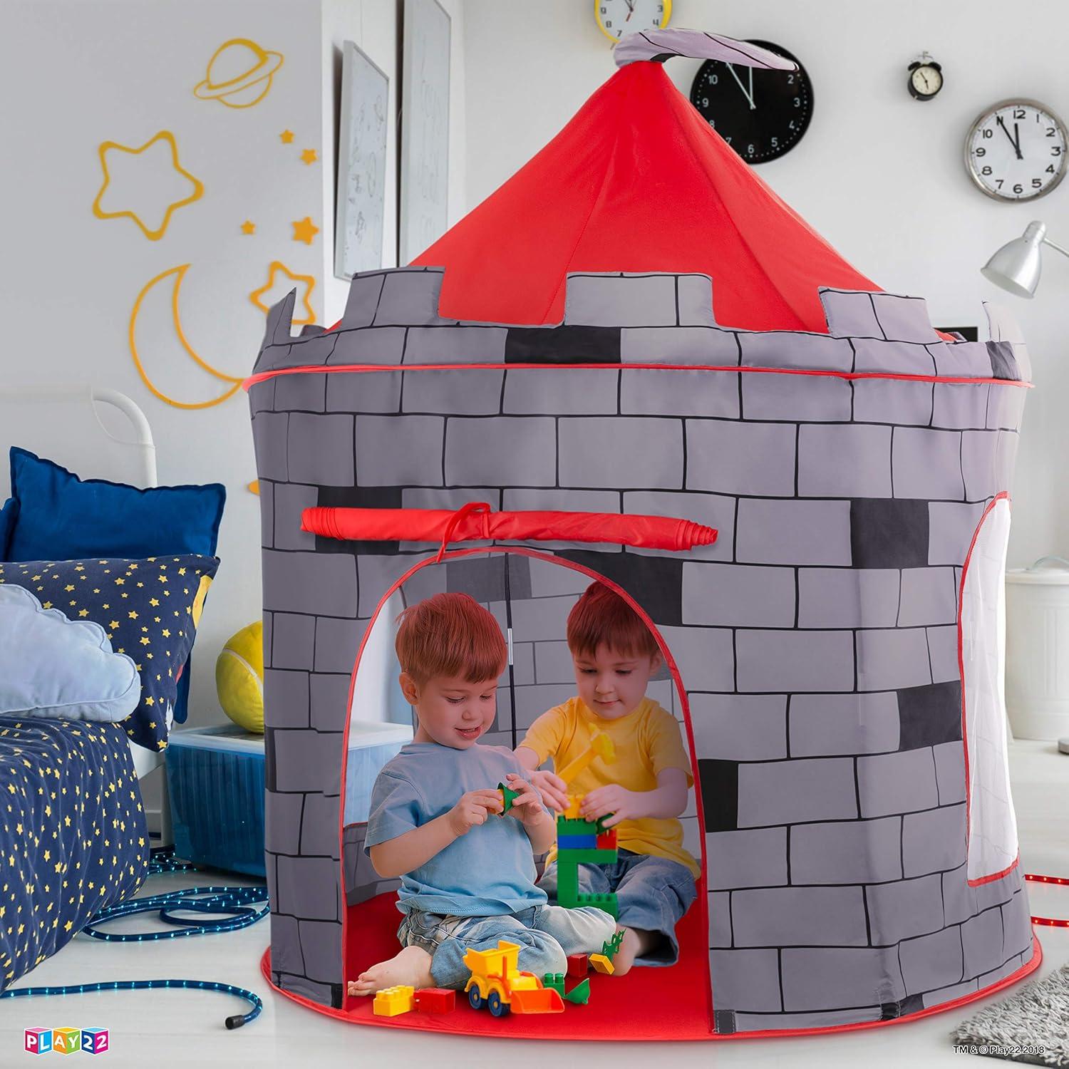 Gray and Red Castle-Themed Foldable Kids Play Tent