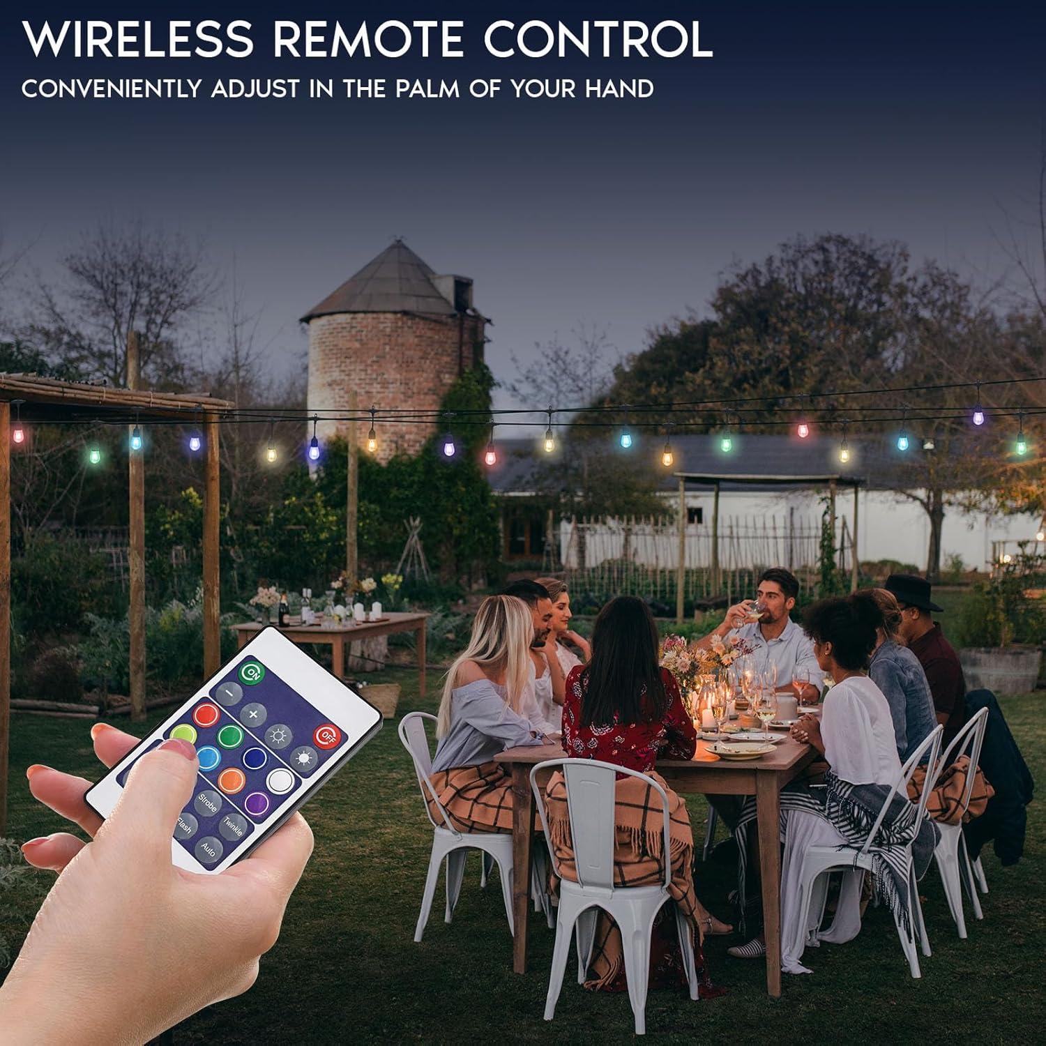 Luxrite 48FT LED RGBW Outdoor String Lights, Remote Control Color Changing Cafe Lights, Commercial Grade Waterproof, 24 Edison S14 Shatterproof Bulbs, IP65, Dimmable Outside Hanging Lights for Patio