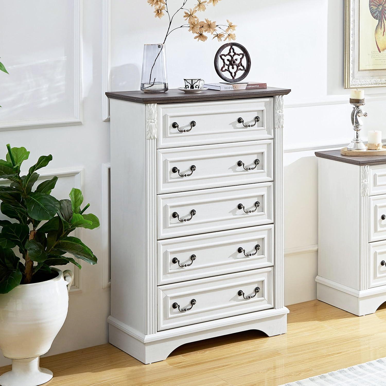 SinCiDo Nightstand with Charging Station, 18″ Farmhouse Night Stand with 2 Drawers, Wood Rustic End Table, Antique White