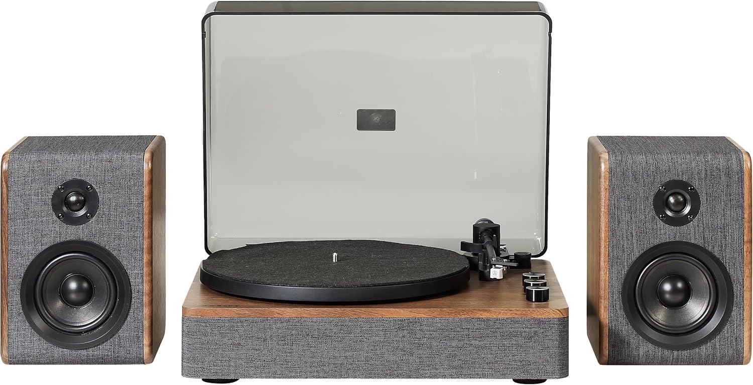 Charcoal and Brown Bluetooth Record Player with Speakers