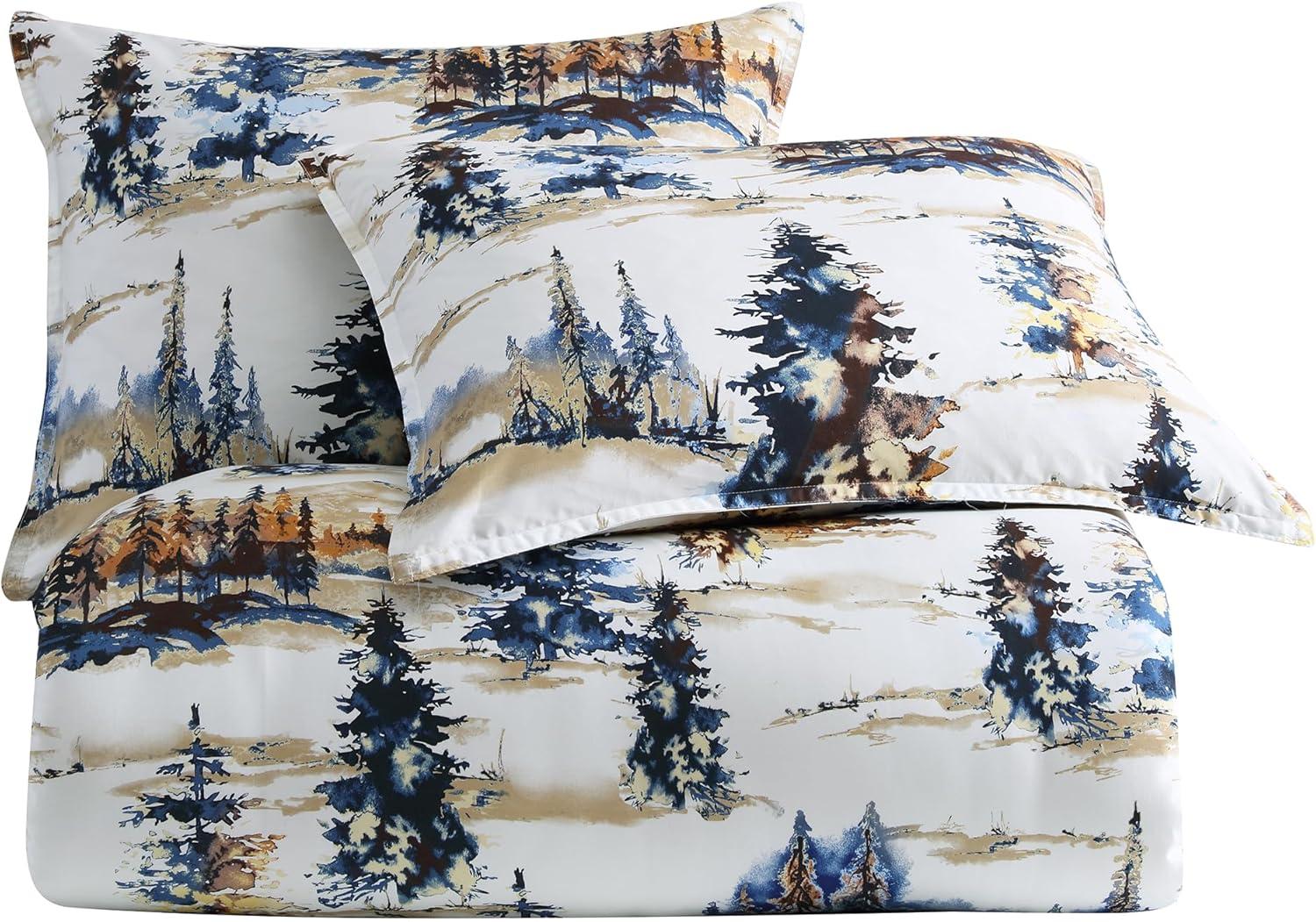 Acadia White Blue Copper Forest Print Cabin Lodge Rustic Cotton Comforter Set