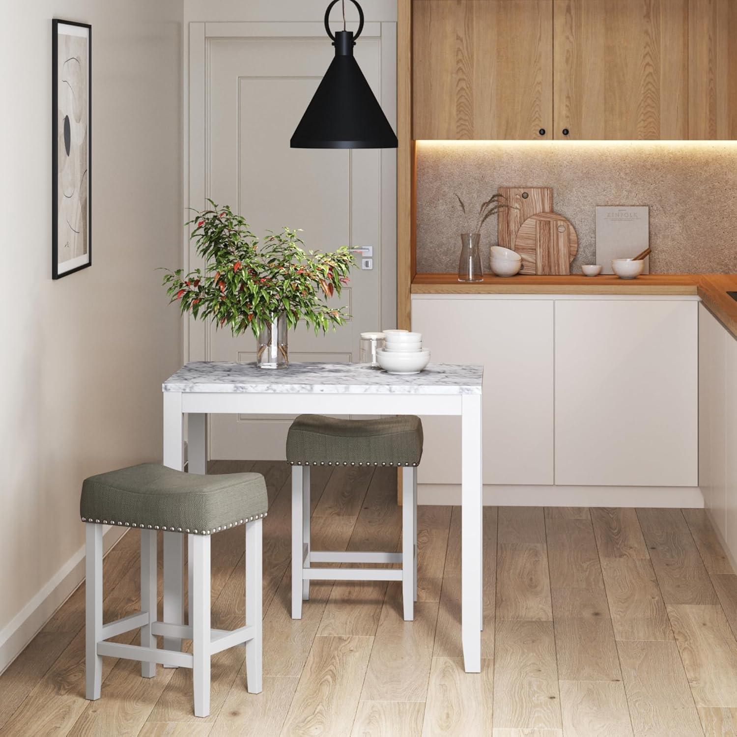38&#34; Solid Wood Pub Dining Table and Stool Set White Marble/Light Gray Linen - Nathan James