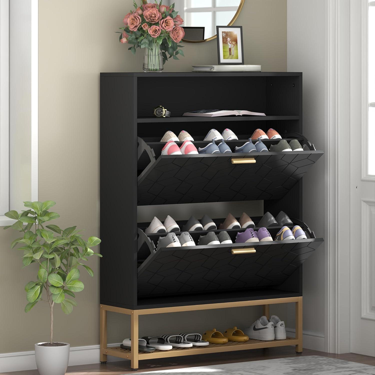 Shoe Cabinet with 2 Flip Drawers, Free Standing Tipping Bucket Shoe Rack Organizer with Adjustable Shelf, Shoe Storage Cabinet