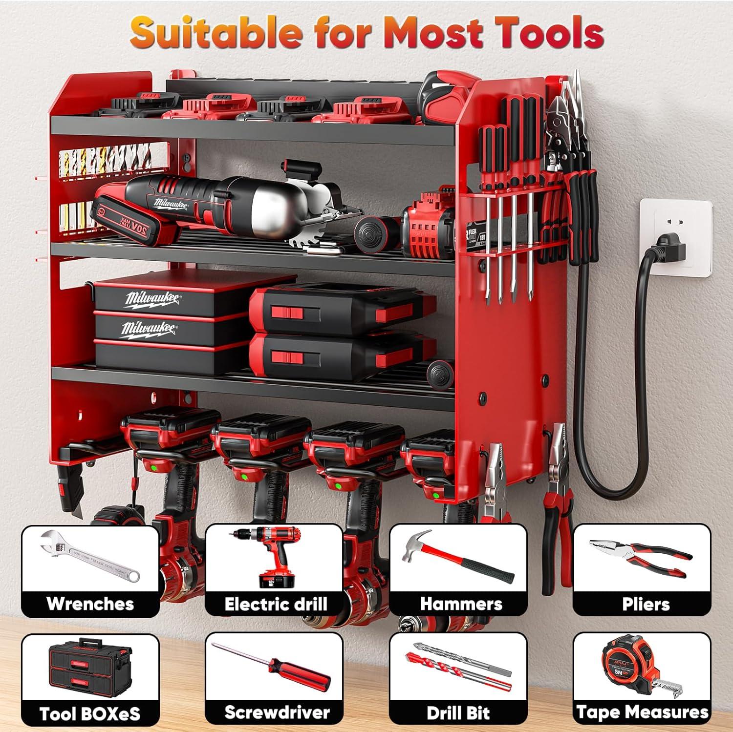 Heavy-Duty Red Metal Power Tool Organizer with Charging Station