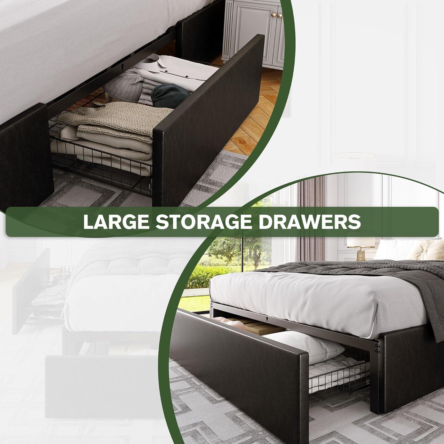 Modern Black Faux Leather Queen Bed Frame with Storage Drawers