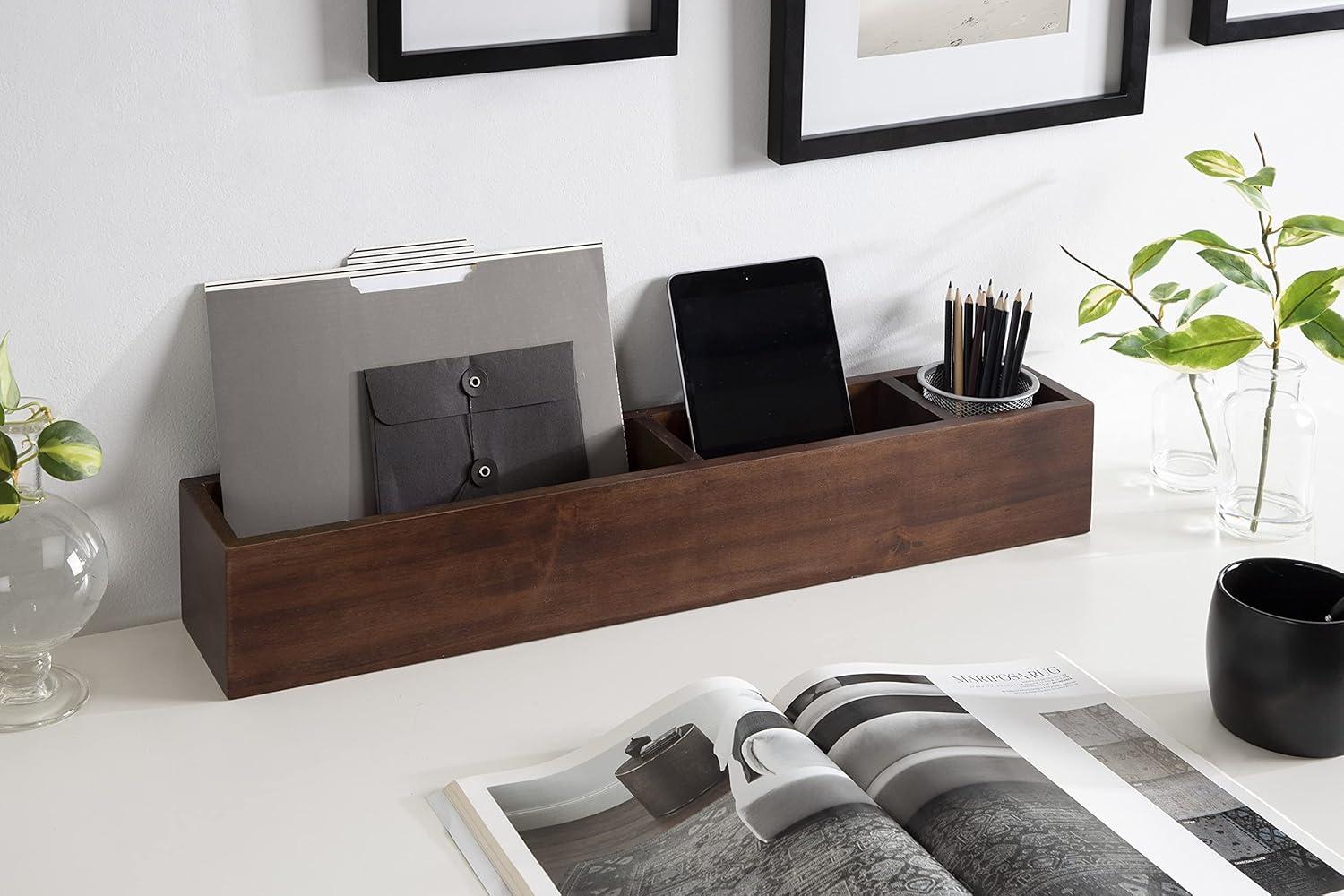 Walnut Brown Wooden Wall Pocket Shelf with Three Compartments