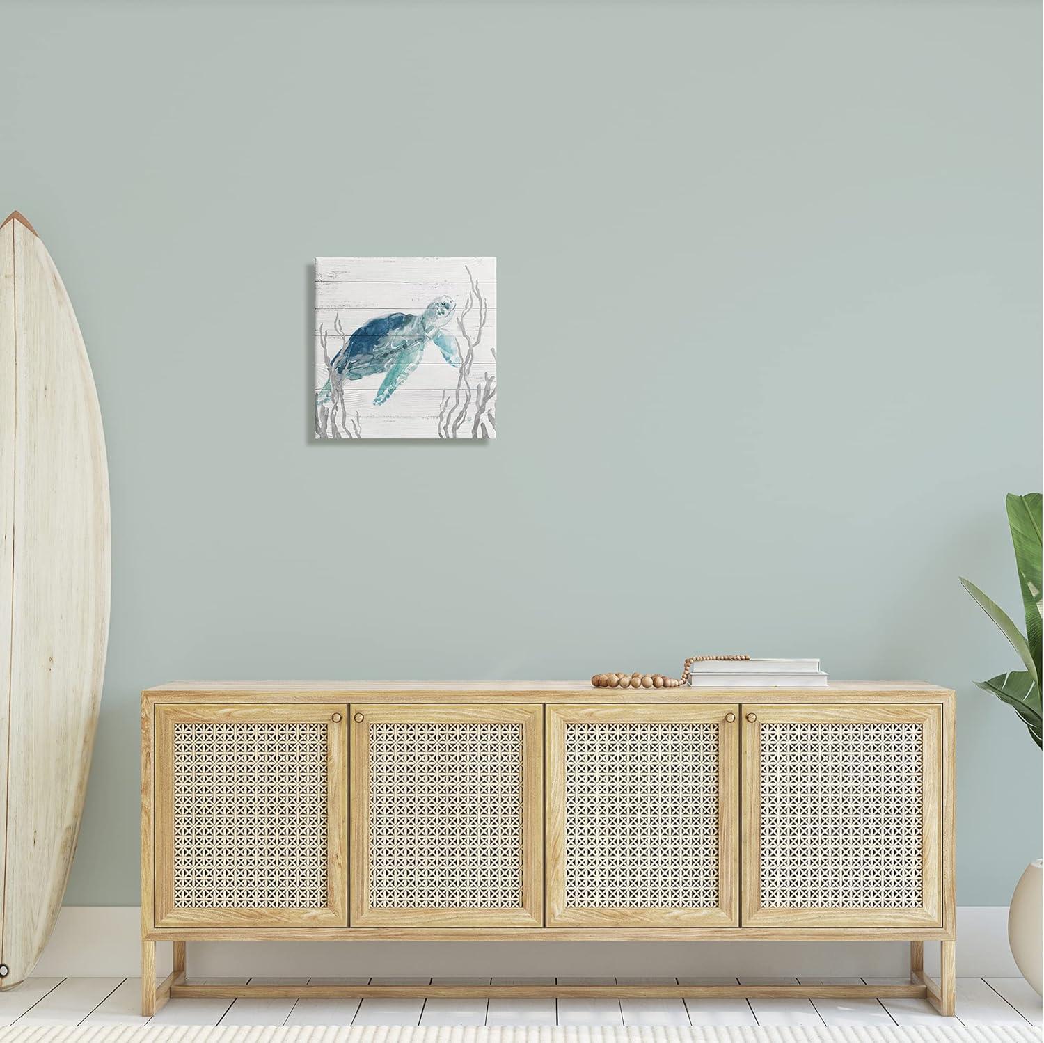 Stupell Industries Sea Turtle Ocean Botanicals Rustic Plank Pattern Graphic Art Gallery Wrapped Canvas Print Wall Art, Design by Carol Robinson