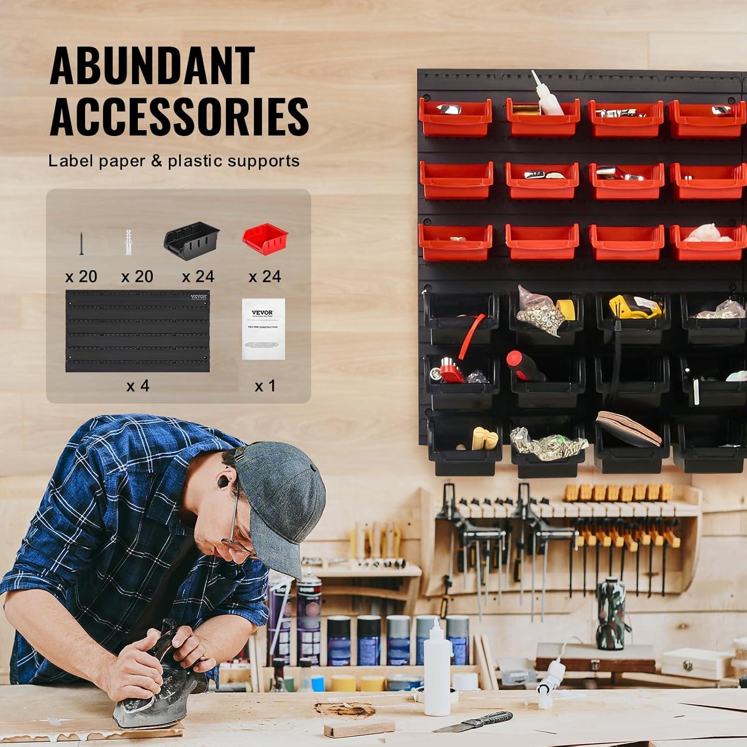 VEVOR Wall Mounted Storage Bins, 48-Bin Parts Rack Organizer Garage Plastic Shop Tool with Wall Panels, Tool Organizer for Nuts, Bolts, Screws