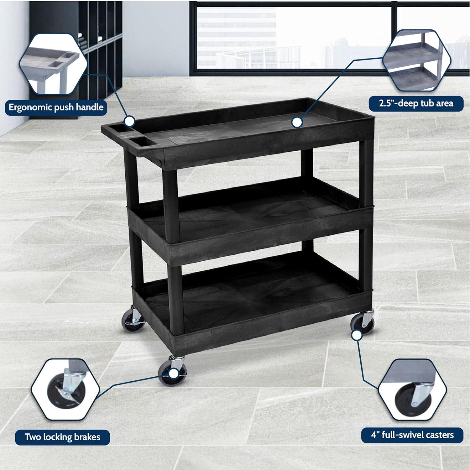 Black High-Capacity 3-Shelf Tub Storage Cart