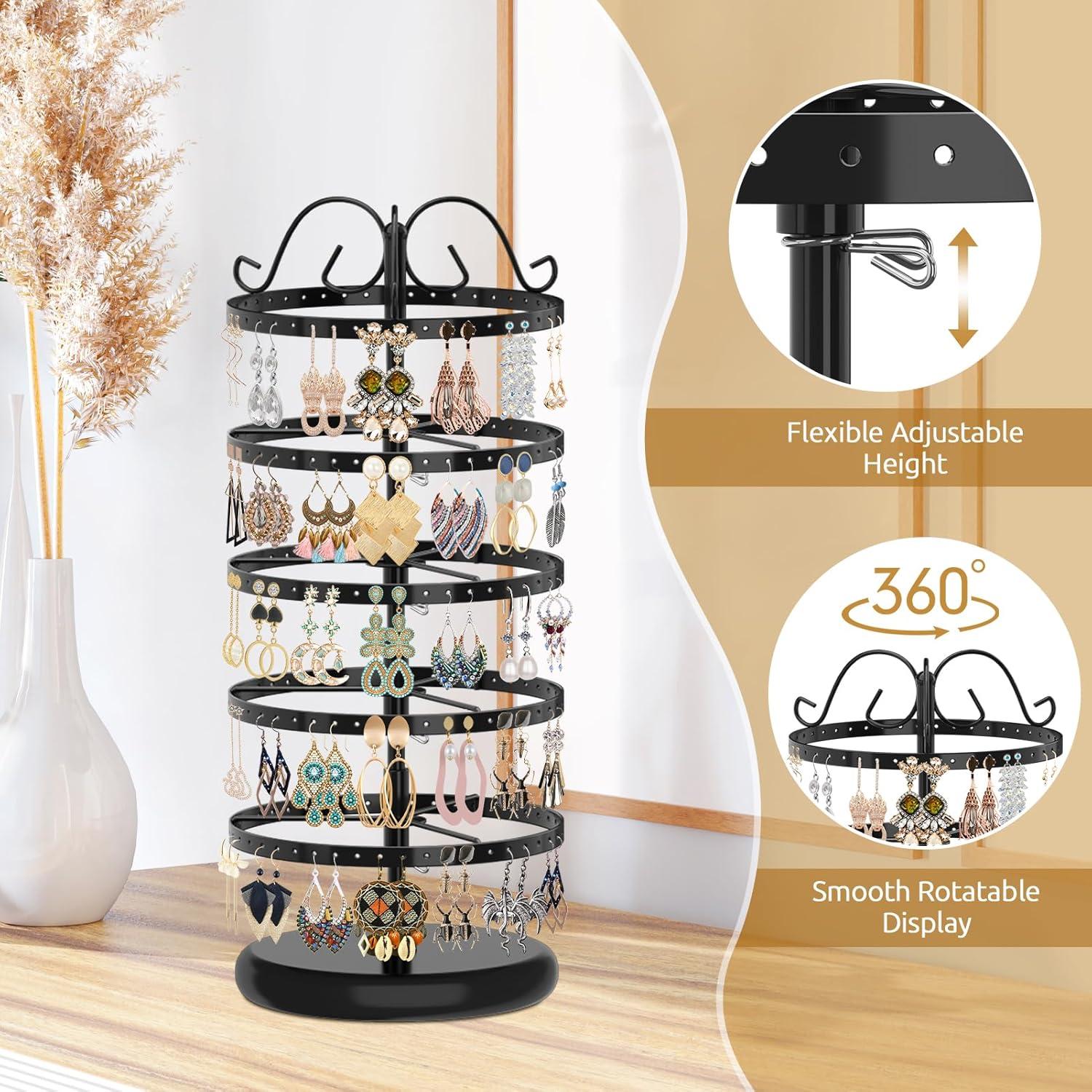 5-Layer Rotating Jewelry Organizer Stand - Effortless Storage & Display for Earrings  Studs & Pendants - Secure  Space-Saving Design in Chic Black/White