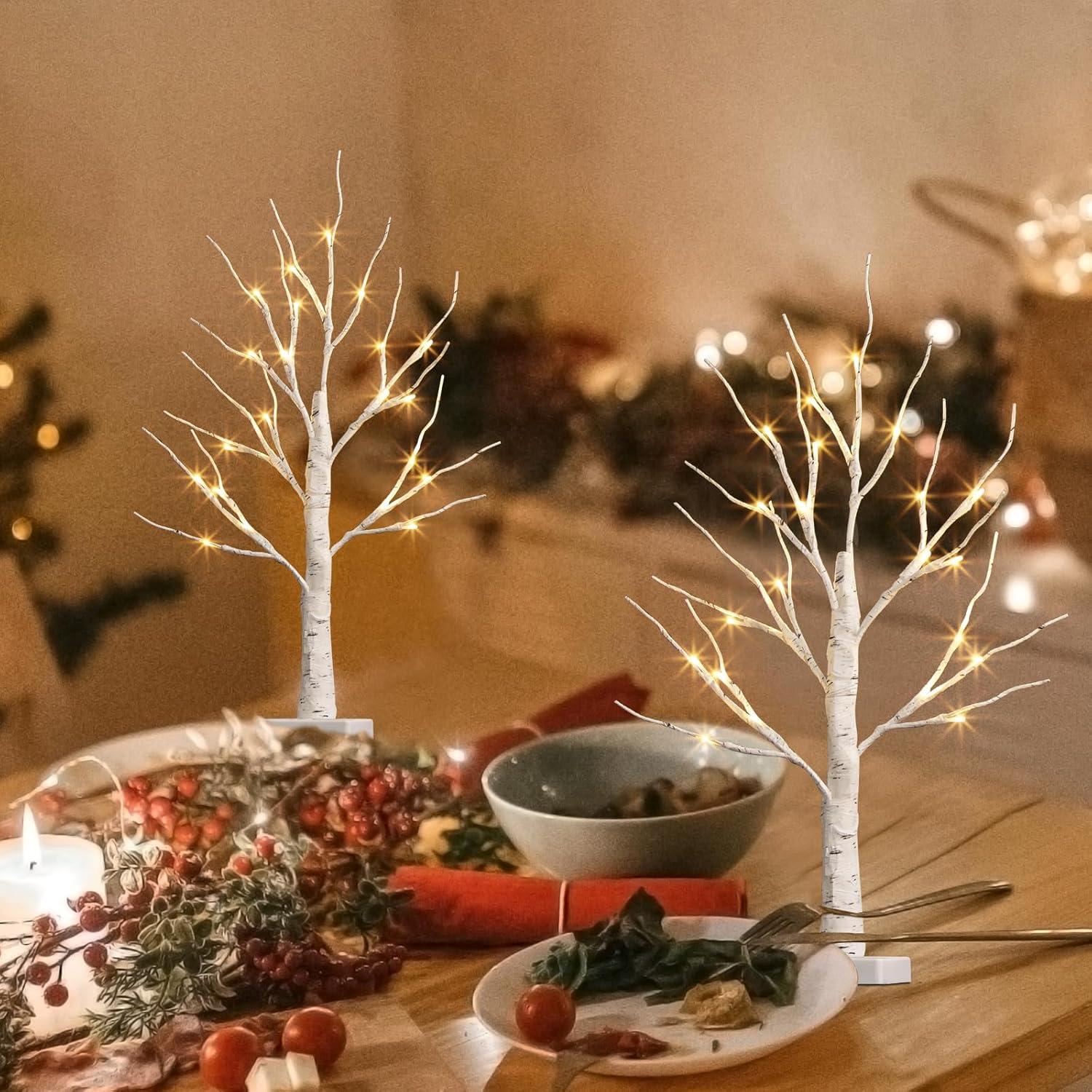 The Holiday Aisle® White Birch Tree With LED Lights - Set Of 2, LED Tabletop Tree With Timer, Christmas Decorations Lighted Tree For Indoor Mantel Home Decor (2 FT, 24 LED)