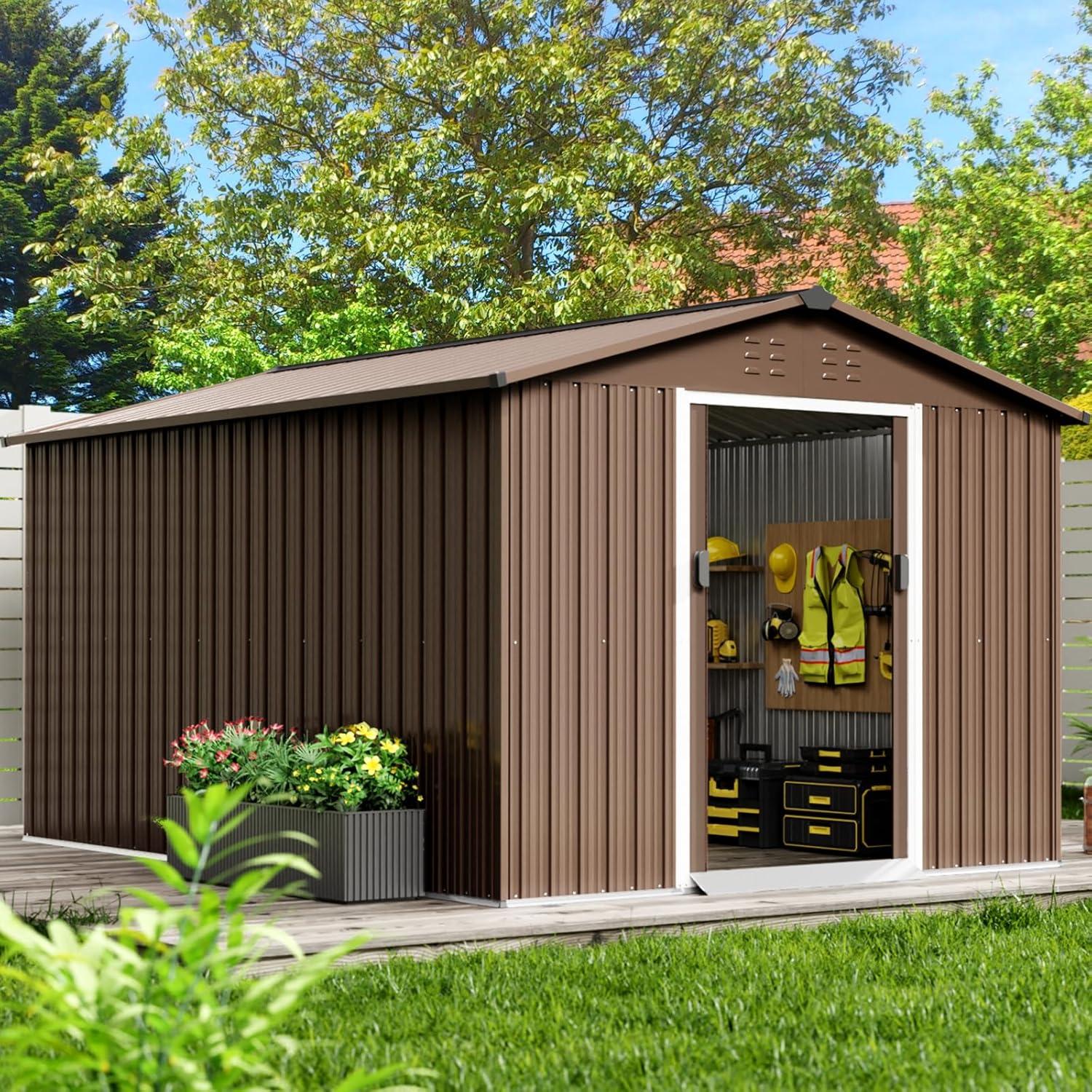 12x10 FT Outdoor Metal Storage Shed Garden Tool House With Lockable Doors and Vent Brown