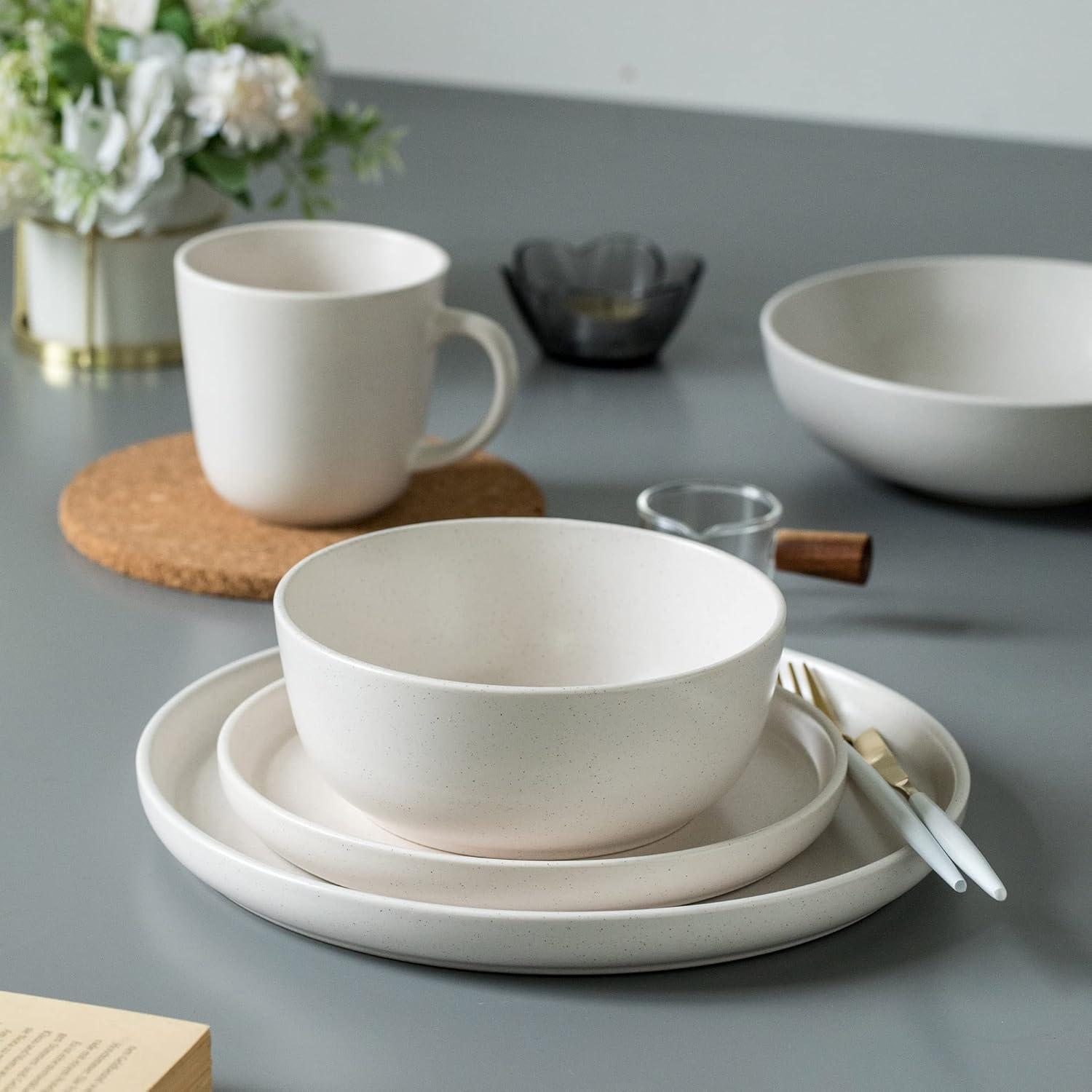 16 Piece Double Bowl Dinnerware Set: Double Your Dining Delight Stoneware Matte White Service for 4 Tableware