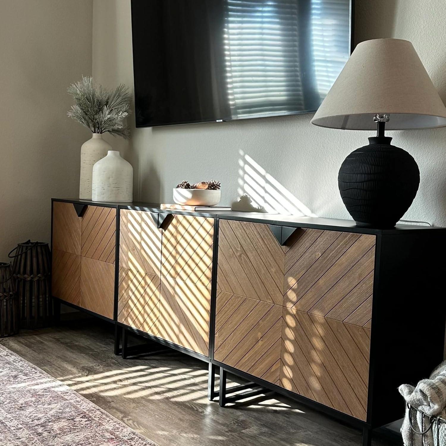 Nathan James Enloe Wood 2 Door Storage Cabinet Matte Black/Brushed Fir: Laminate Surface, Adjustable Shelf, Wood & Metal Frame