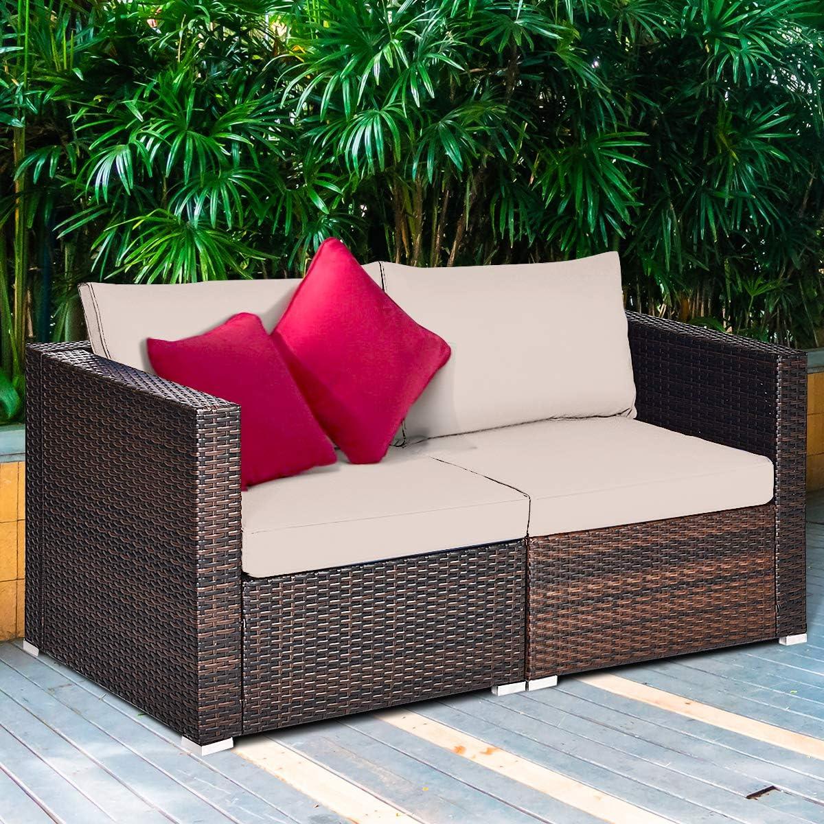 Tangkula 2PCS Rattan Corner Sofa Set Patio Outdoor Furniture Set w/ 4 Beige Cushions