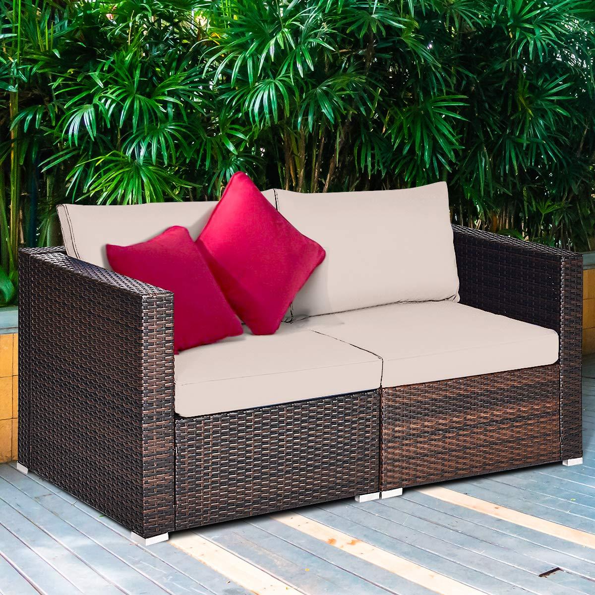 Tangkula 2PCS Rattan Corner Sofa Set Patio Outdoor Furniture Set w/ 4 Beige Cushions