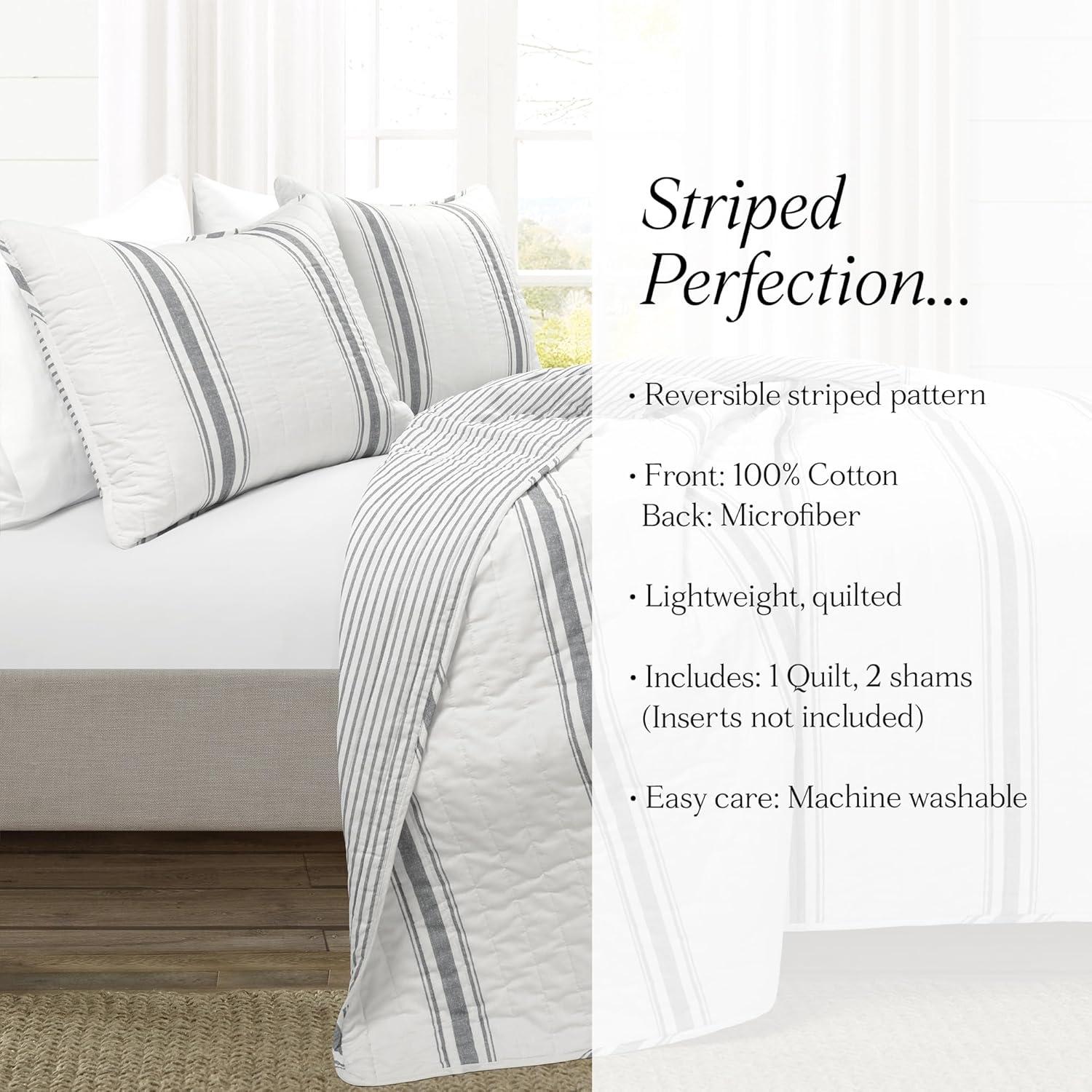 3pc Full/Queen Farmhouse Striped Reversible Quilt Bedding Set Dark Gray - Lush Décor: Cotton & Microfiber, Machine Washable