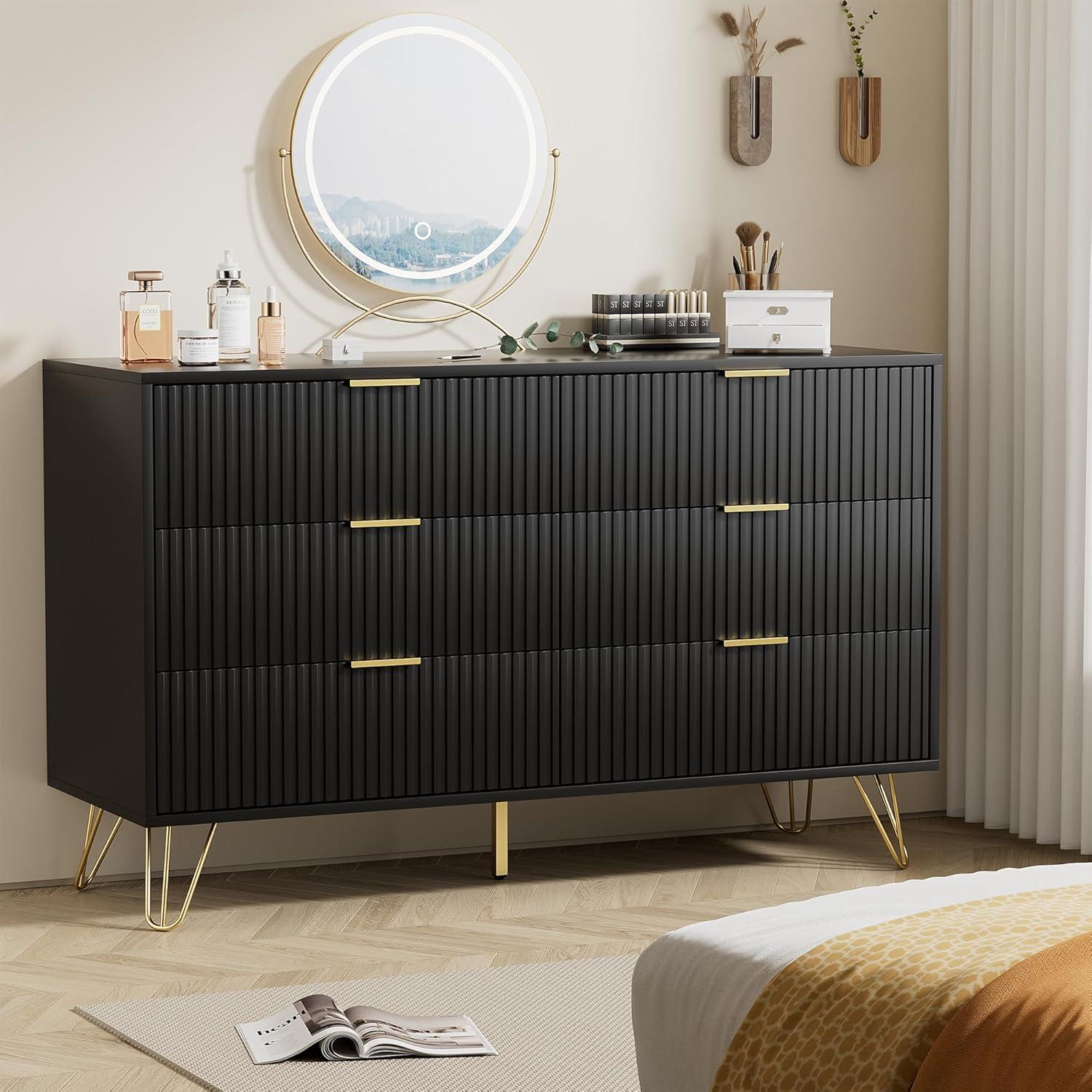 Black Dresser, Modern 6-Drawer Dresser for Bedroom with Gold Handles, Wide Chest of Drawers for Living Room