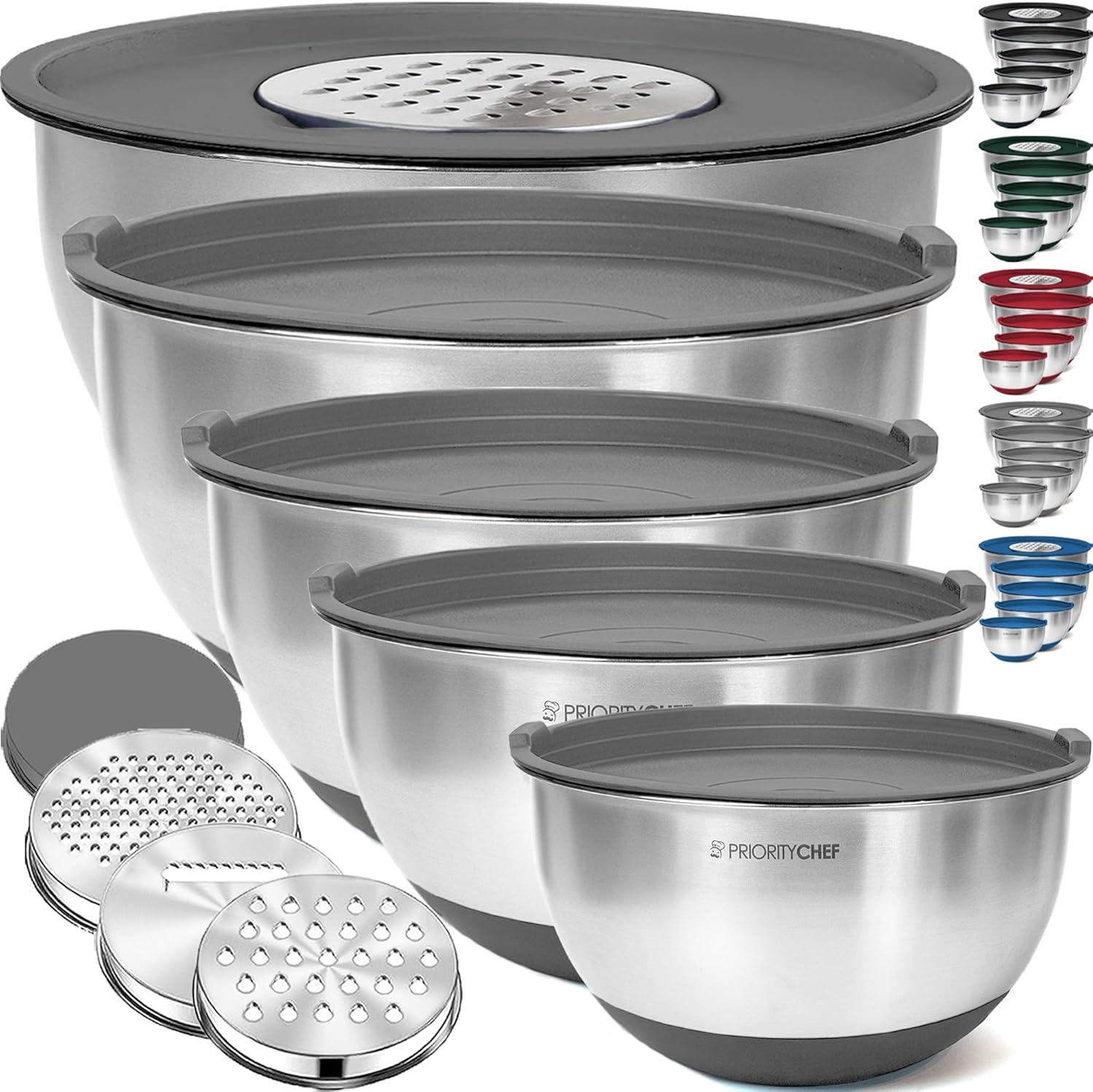 Mixing Bowls with Lids Set - Nesting Bowls with Airtight Lids + Graters - Stainless Steel Non-Slip Mixing Bowl for Baking, (Red, 5-Piece Set)