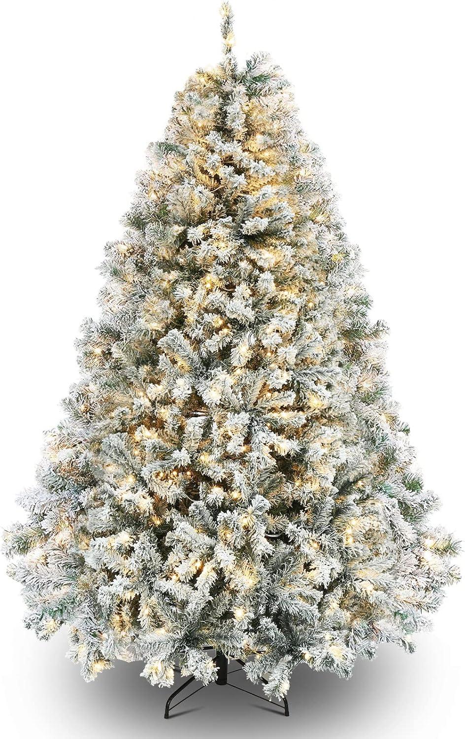 6.5ft Pre-Lit Snow Flocked Artificial Pine Christmas Tree with White Lights