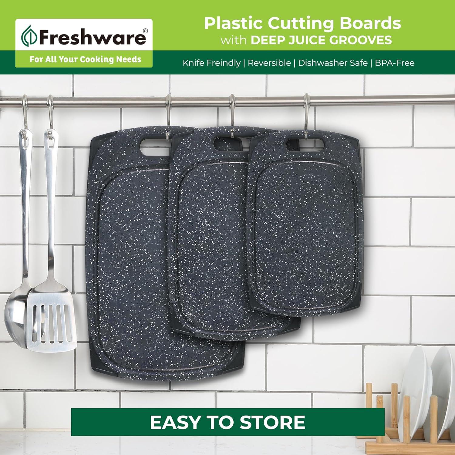 Plastic Cutting Boards for Kitchen, Cutting Board Set of 3, Juice Grooves with Easy Grip Handle, BPA-Free, Non-Porous, Dishwasher Safe, Black Marble