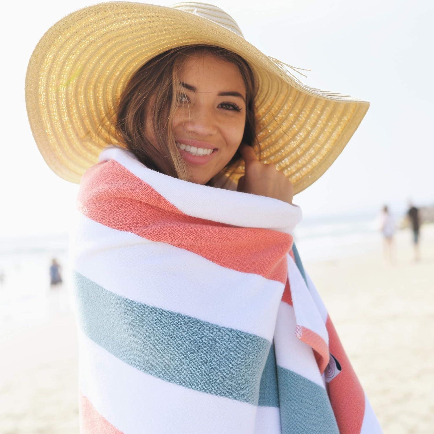 Laguna Beach Textile Co. Striped Cabana Beach Towel - Oversized, Plush 630 GSM Cotton - Coral Orange & Sea Glass Green