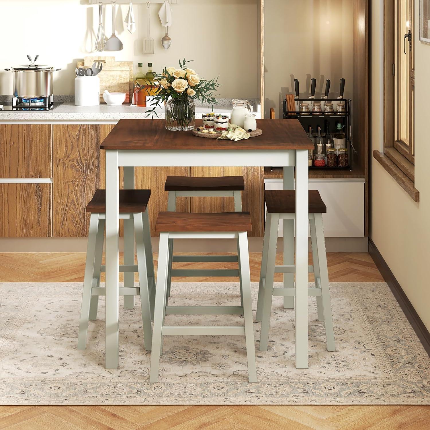 Gray and Walnut 5-Piece Counter Height Dining Set with Saddle Stools