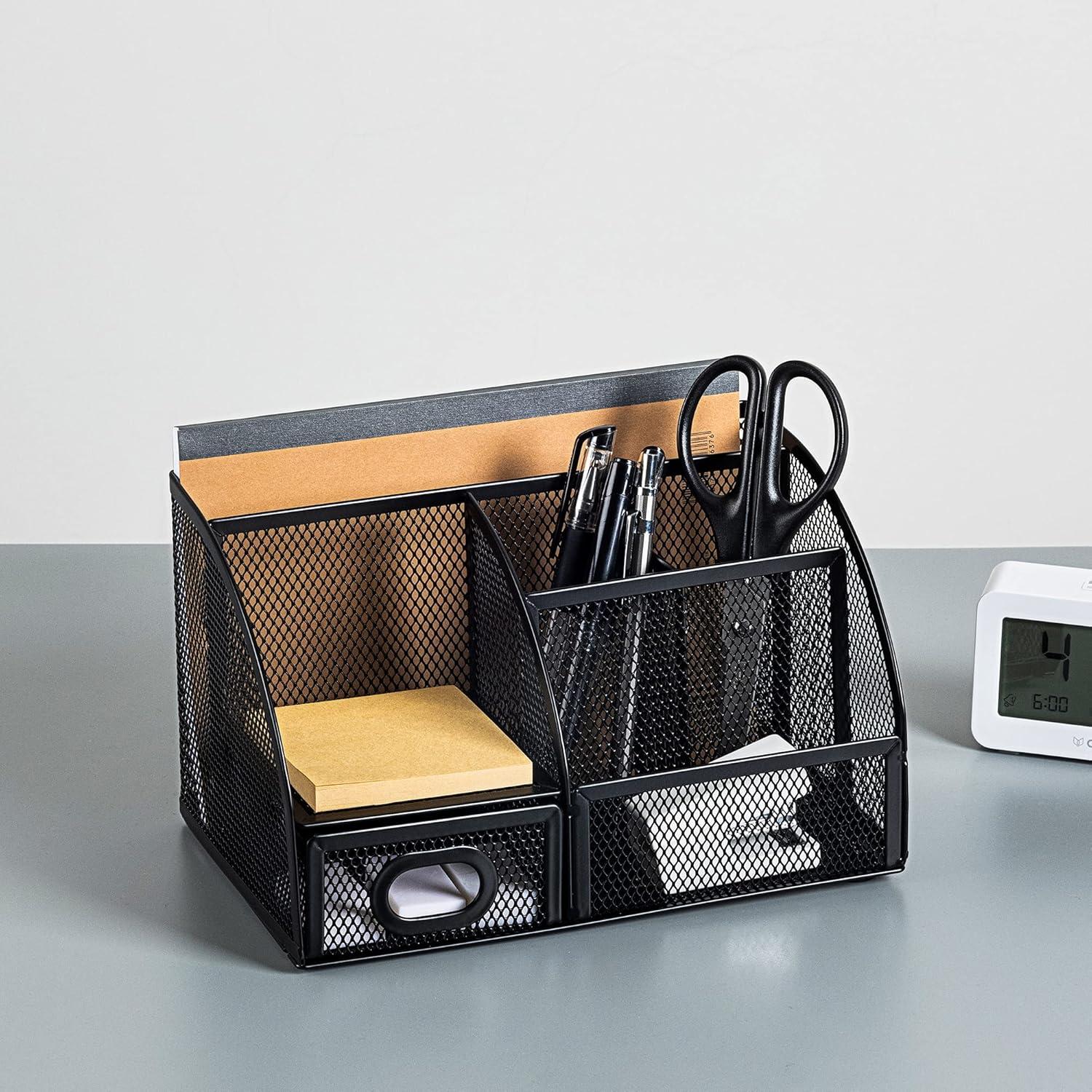 Black Mesh Steel Desktop Pen Holder and Organizer