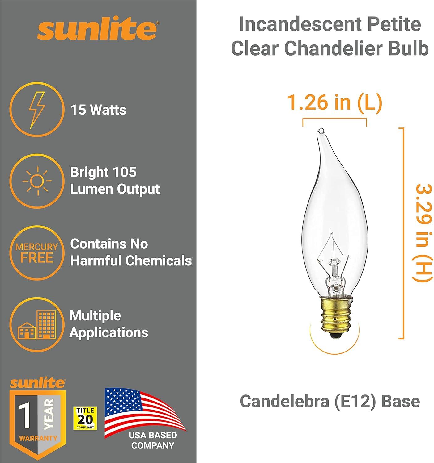 Sunlite 15CFC/25/12PK Flame Tip 15W Incandescent Petite Chandelier Light Bulb, Candelabra (E12) Base, Crystal Clear Bulb (12 Pack)