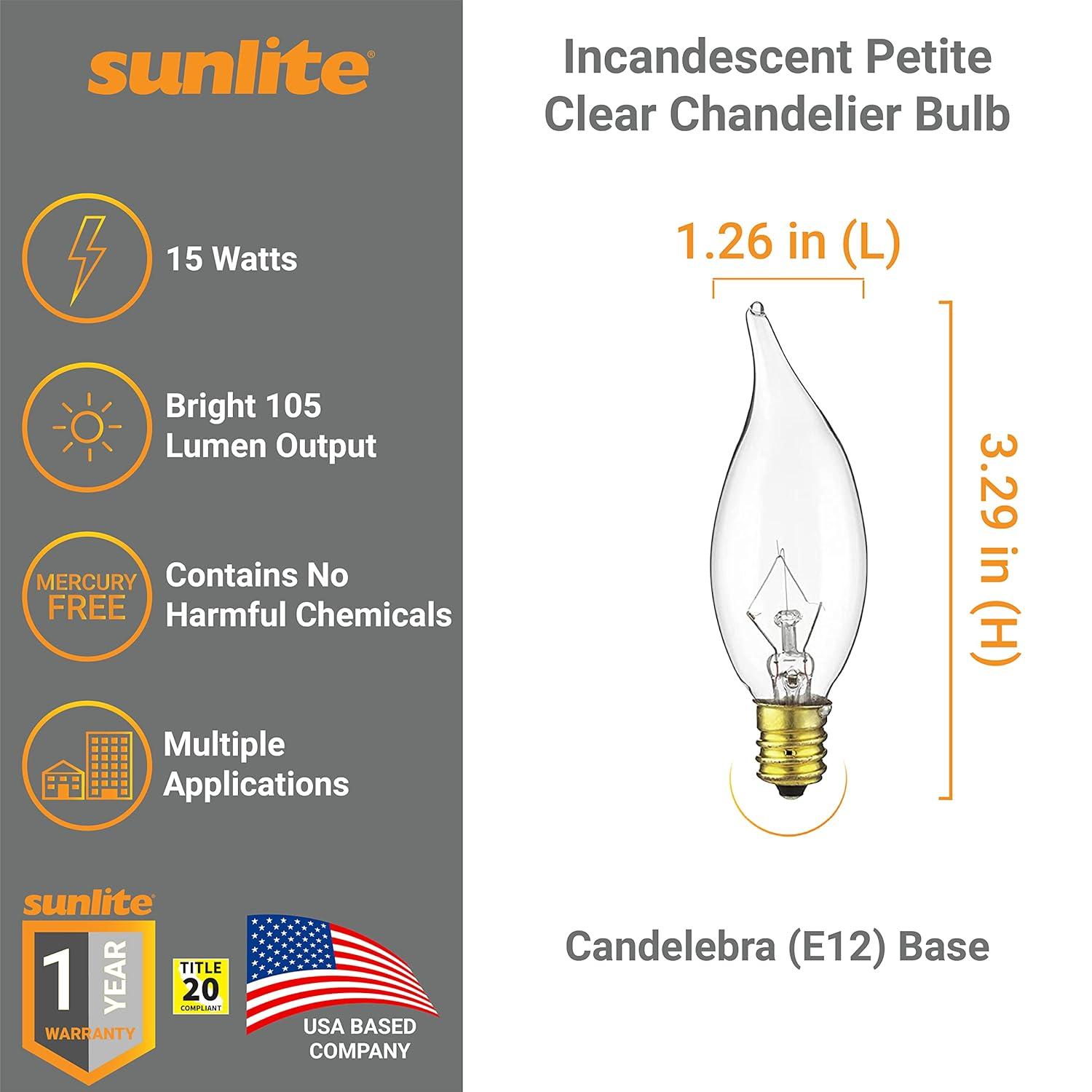 Sunlite 15CFC/25/12PK Flame Tip 15W Incandescent Petite Chandelier Light Bulb, Candelabra (E12) Base, Crystal Clear Bulb (12 Pack)