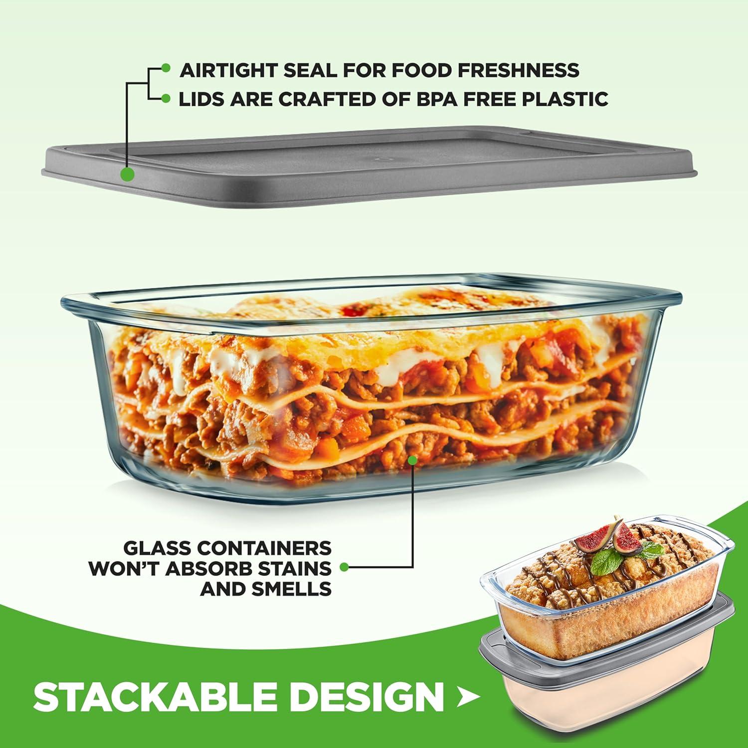 NutriChef 2 Sets of 62.07oz Stackable Premium Glass Meal-prep Food Container W/ Airtight Locking Lid