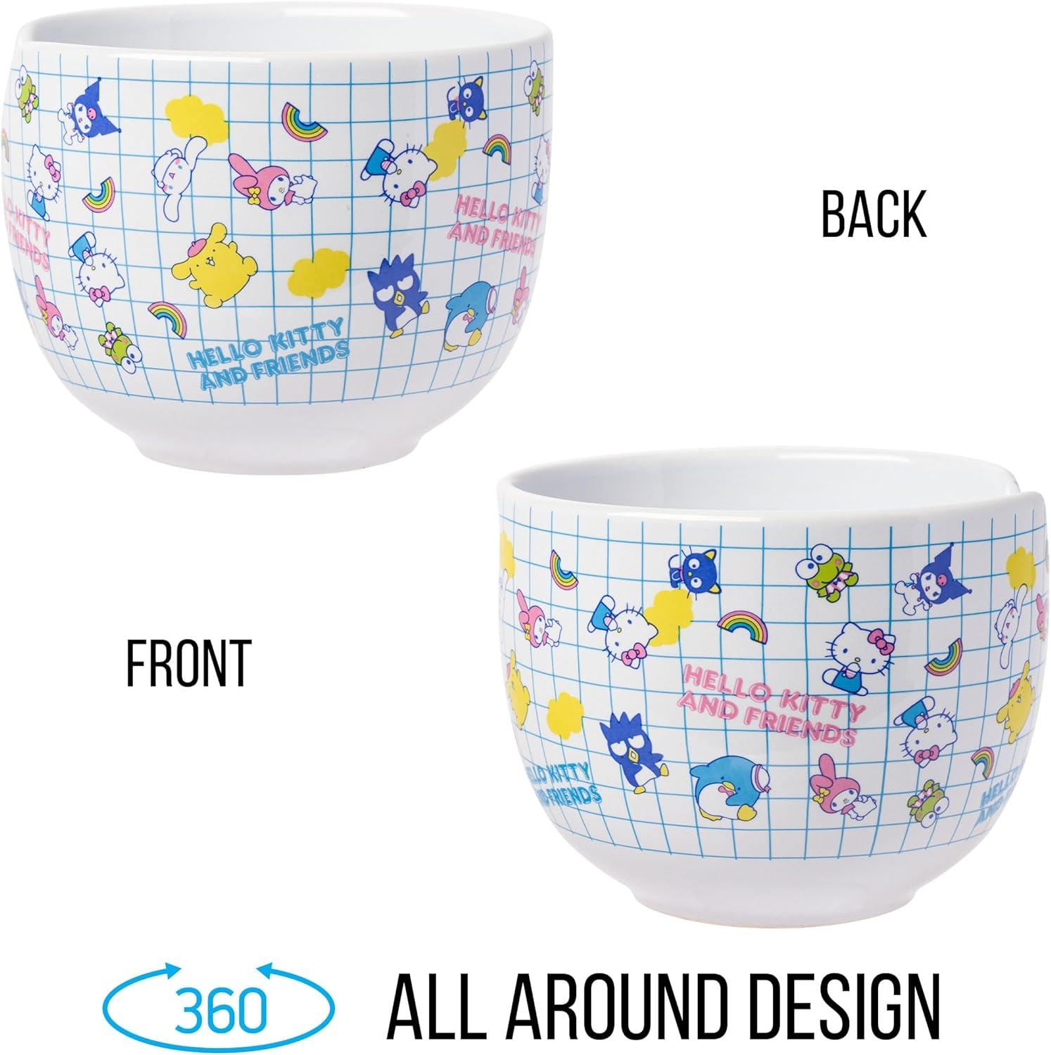 Silver Buffalo Hello Kitty and Friends Kuromi, Keroppi, Chococat, My Melody, Tuxedo Sam, Badtz-Maru, Tuxedo Sam, Pompompurin, Cinnamoroll Ceramic Ramen Noodle Rice Bowl with Chopsticks, 20 Ounces