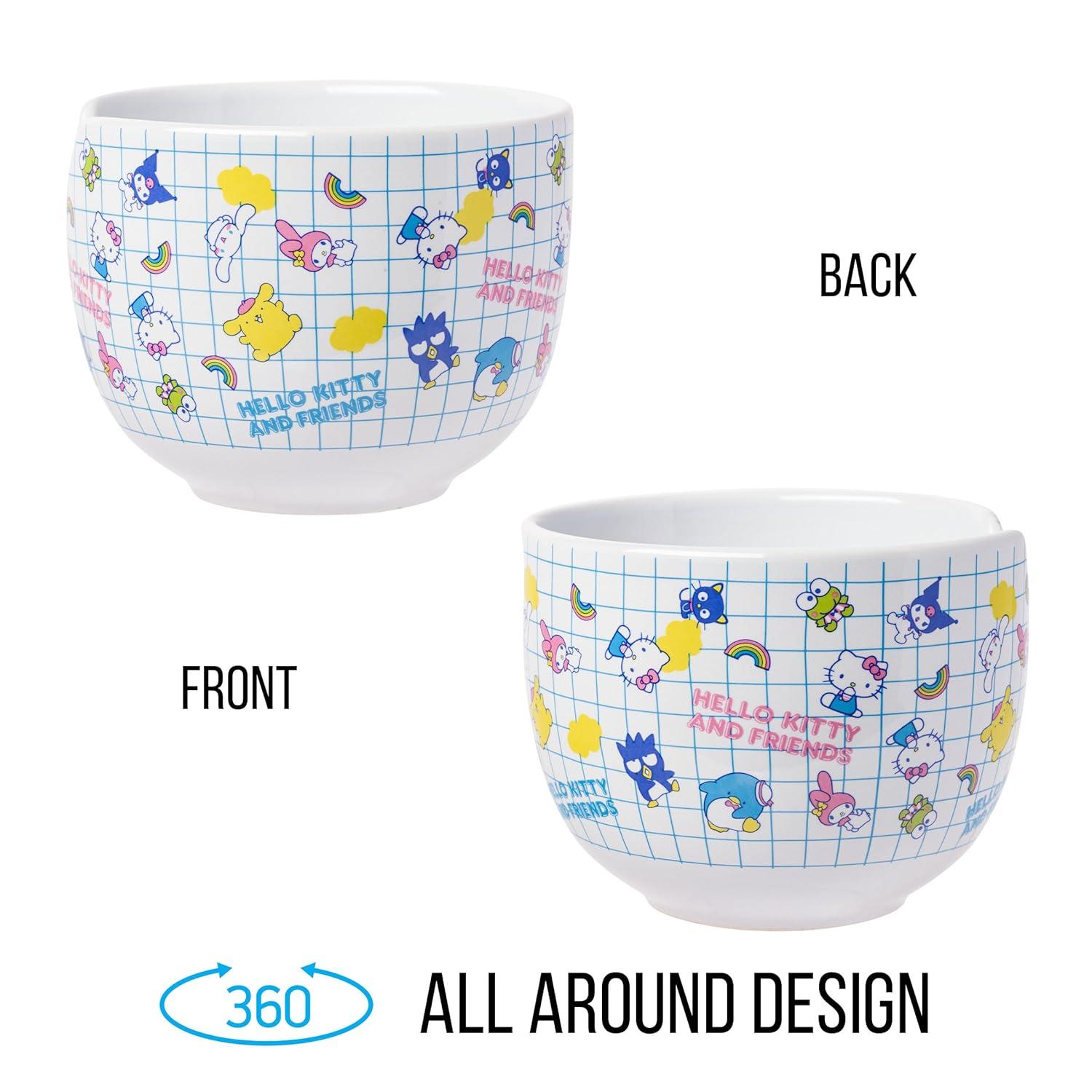 Silver Buffalo Hello Kitty and Friends Kuromi, Keroppi, Chococat, My Melody, Tuxedo Sam, Badtz-Maru, Tuxedo Sam, Pompompurin, Cinnamoroll Ceramic Ramen Noodle Rice Bowl with Chopsticks, 20 Ounces