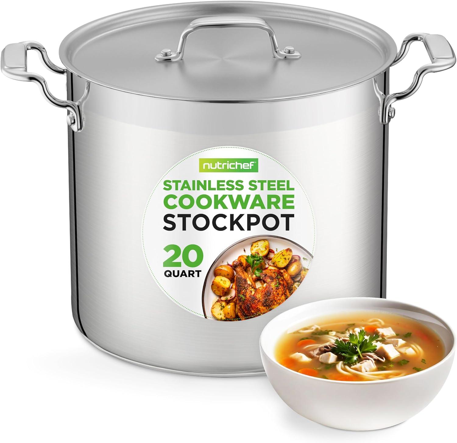 NutriChef Stainless Steel Cookware Stockpot - 20 Quart, Heavy Duty Induction Pot, Soup Pot With Stainless Steel