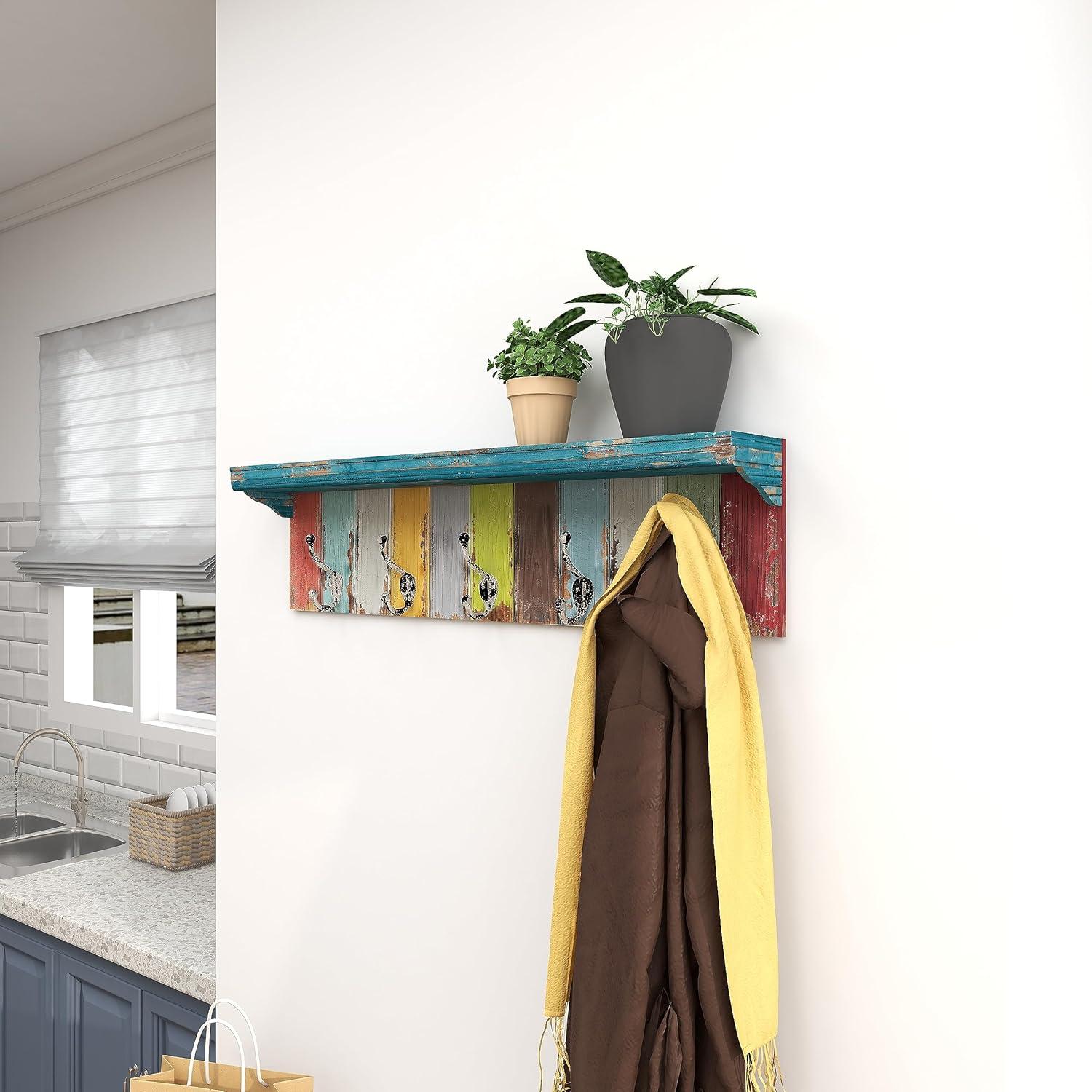 DecMode 35" x 9" Multi Colored Wood 10 Hangers Wall Hook, 1-Piece